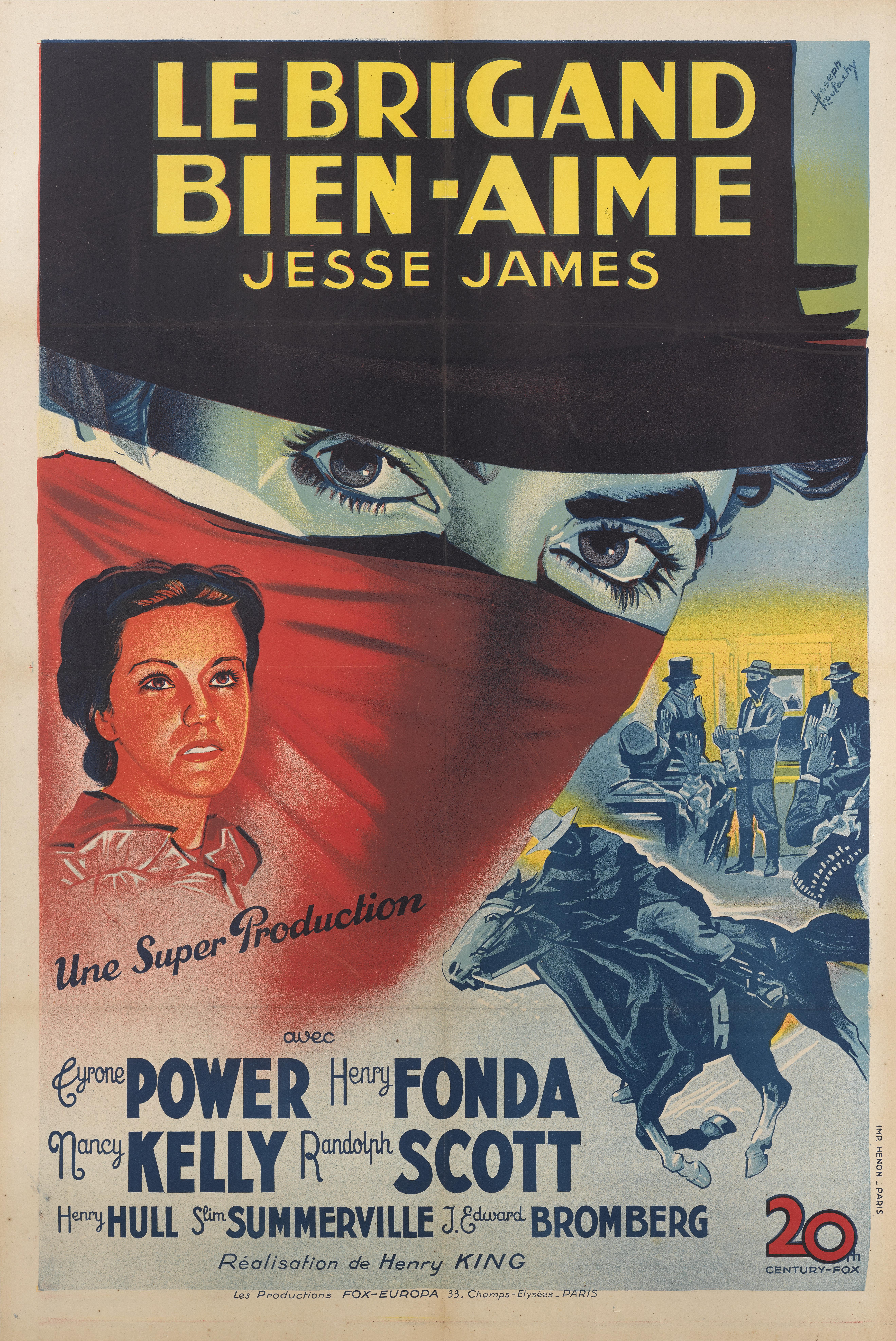 Original French film poster for the 1939 Western. This film was directed by Henry King, and stars Tyrone Power, Henry Fonda, Nancy Kelly and Randolph Scott. The film is broadly based on the life of the notorious outlaw Jesse James. The James family