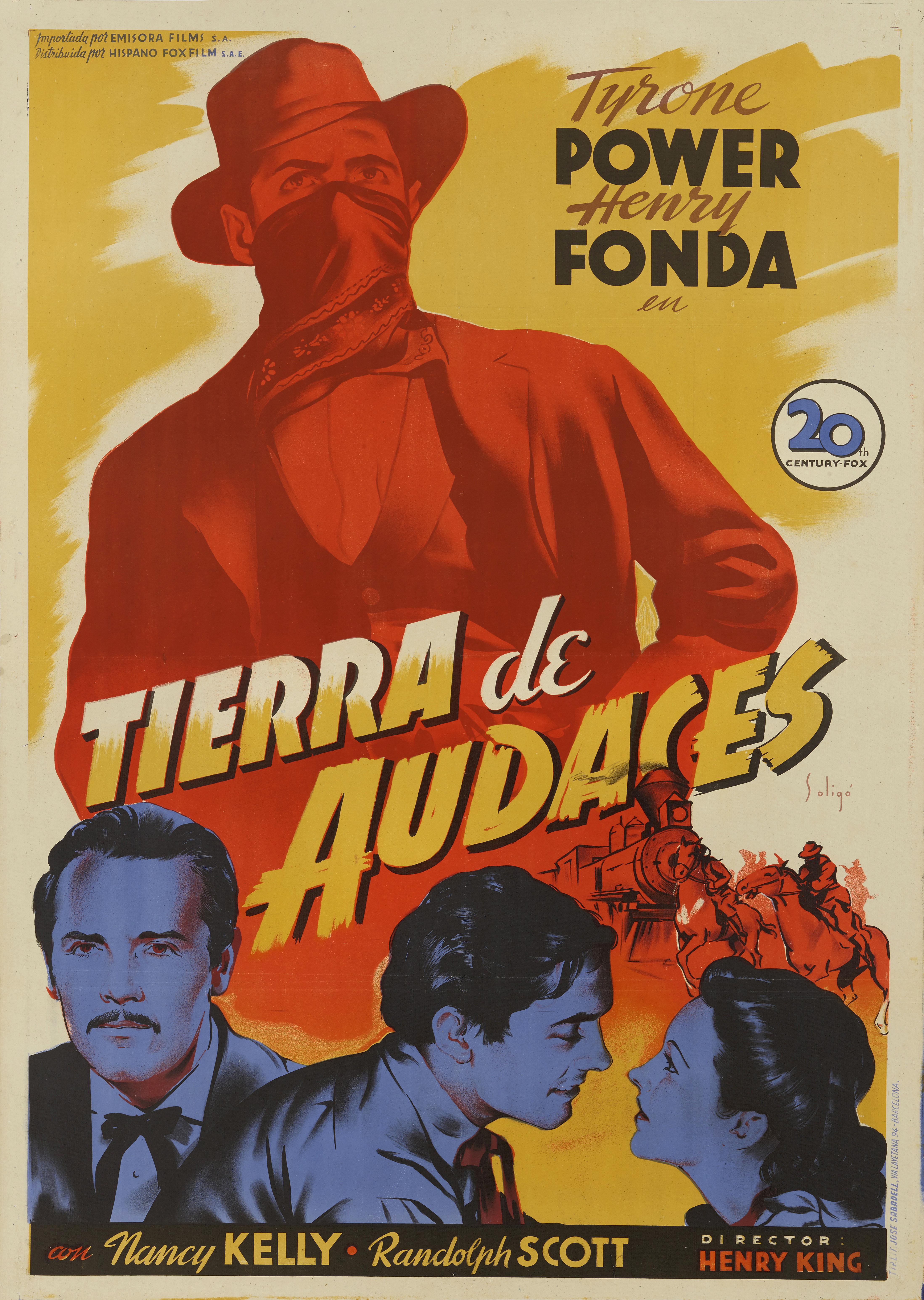 Original Spanish film poster for the 1939 Western. This film was directed by Henry King, and stars Tyrone Power, Henry Fonda, Nancy Kelly and Randolph Scott. The film is broadly based on the life of the notorious outlaw Jesse James. The James family