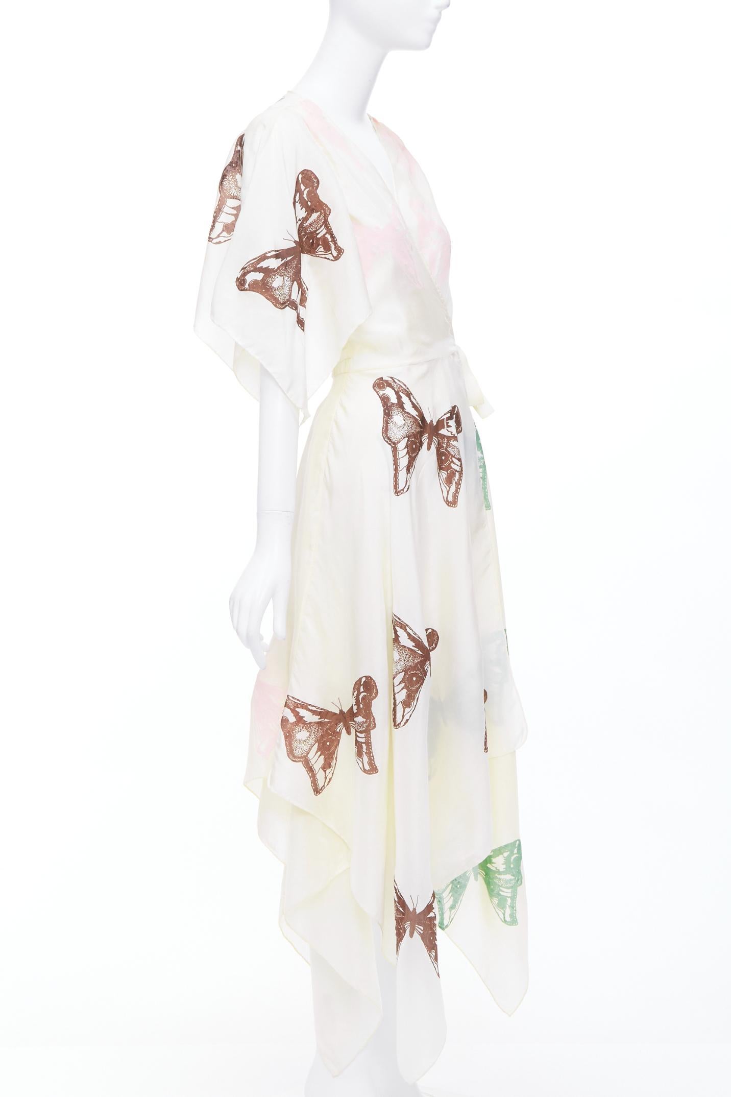 Gray JESSE KAMM cream silk pink brown butterfly print flare wrap dress S For Sale