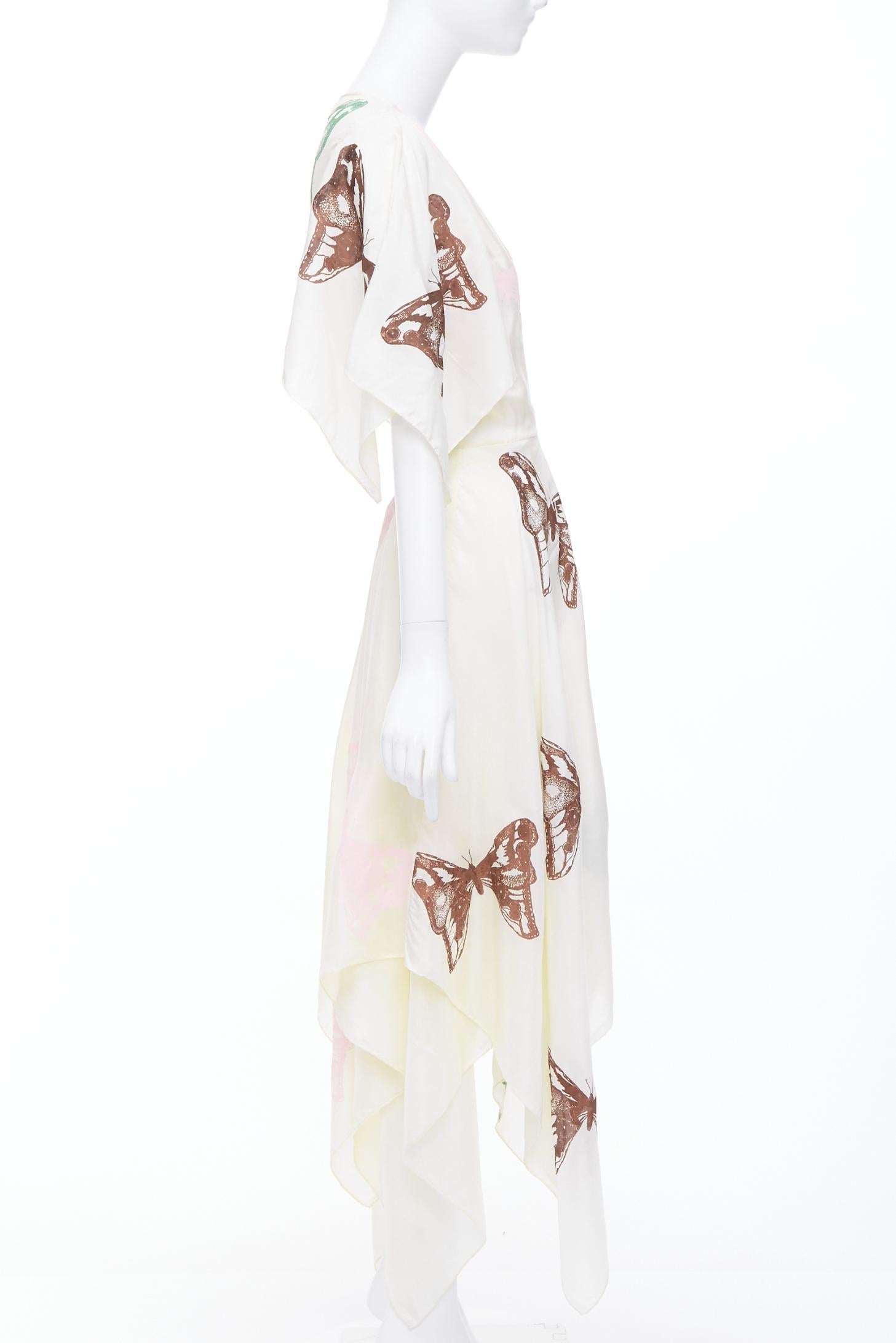 JESSE KAMM cream silk pink brown butterfly print flare wrap dress S In Good Condition For Sale In Hong Kong, NT