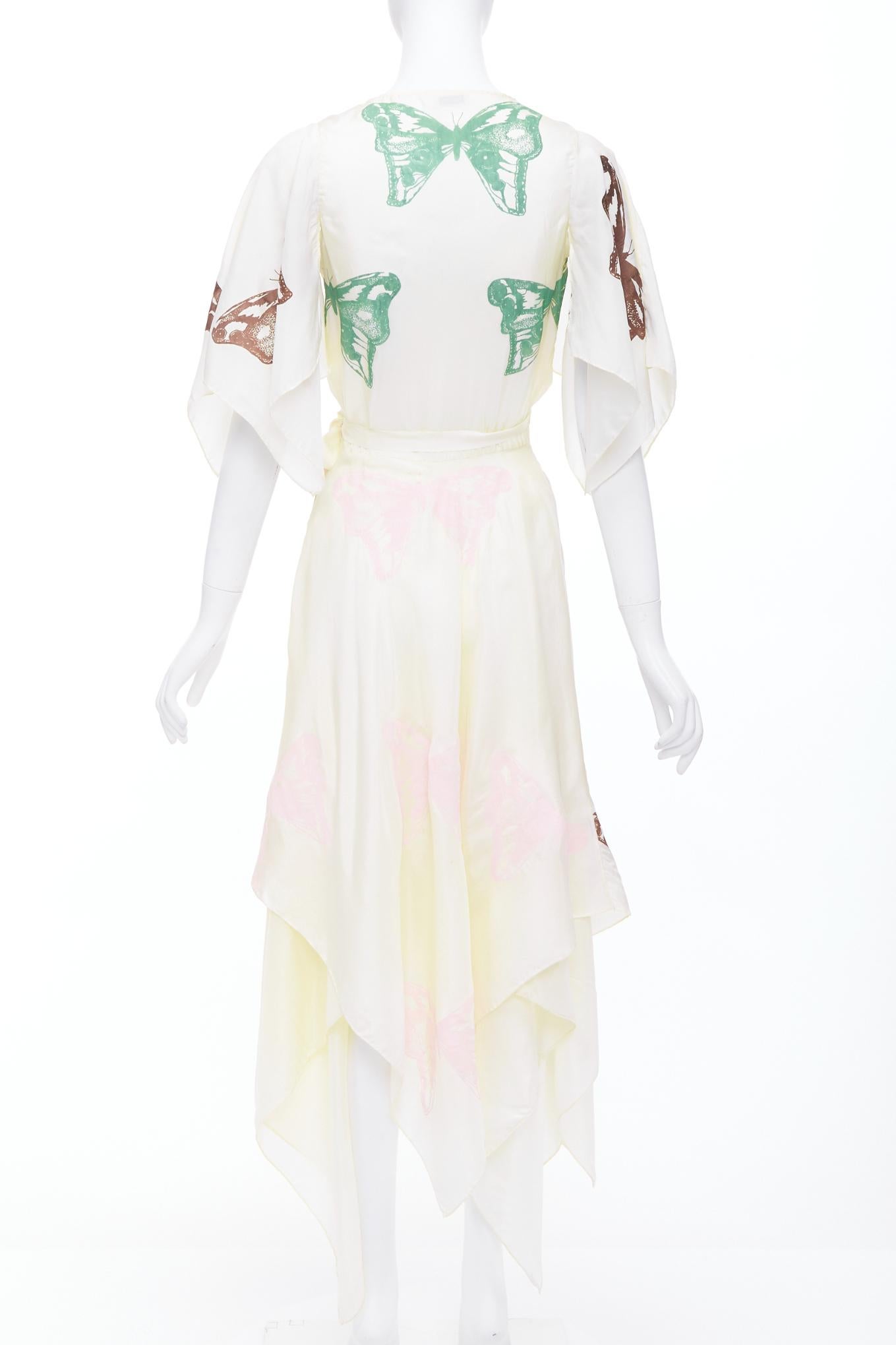 Women's JESSE KAMM cream silk pink brown butterfly print flare wrap dress S For Sale