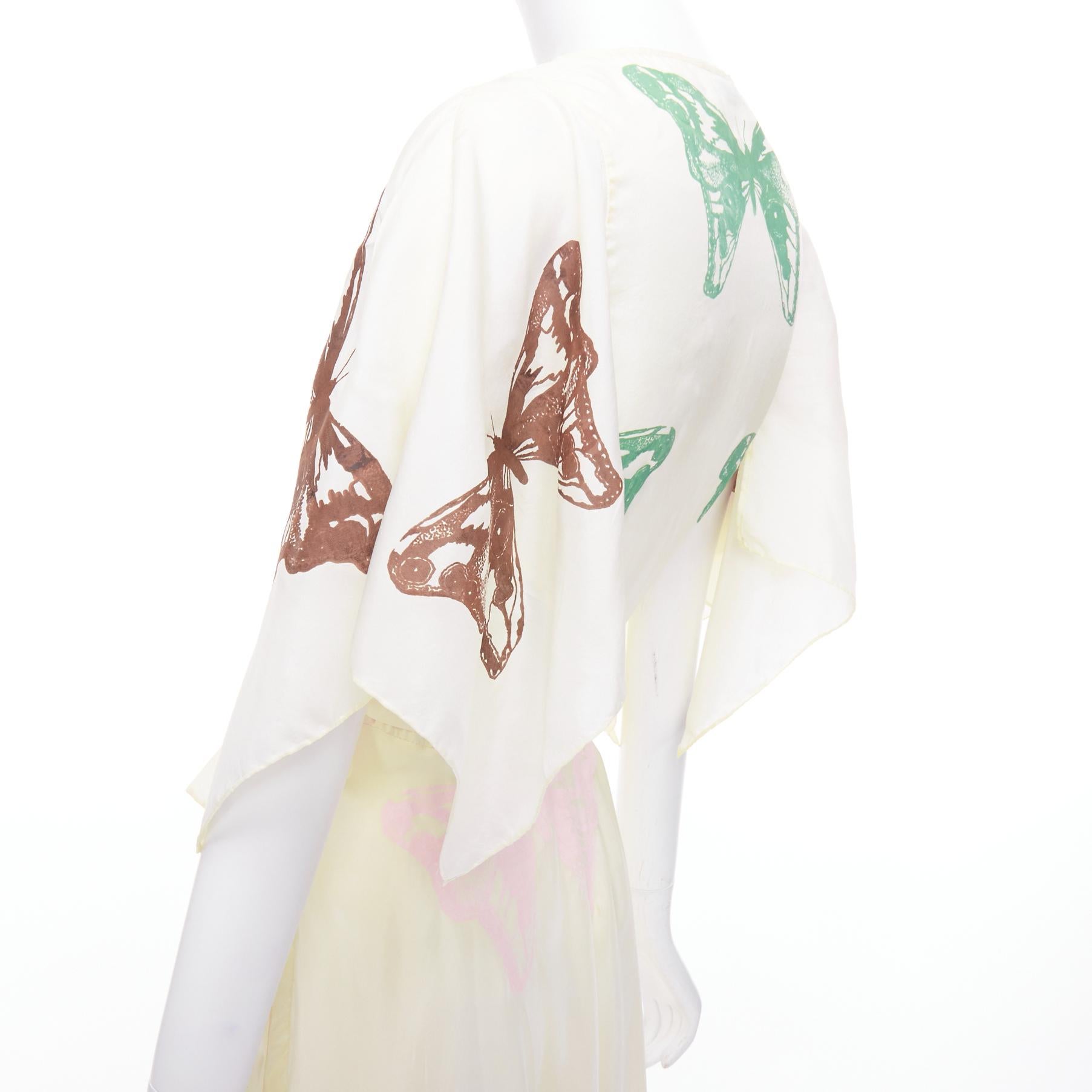 JESSE KAMM cream silk pink brown butterfly print flare wrap dress S For Sale 2