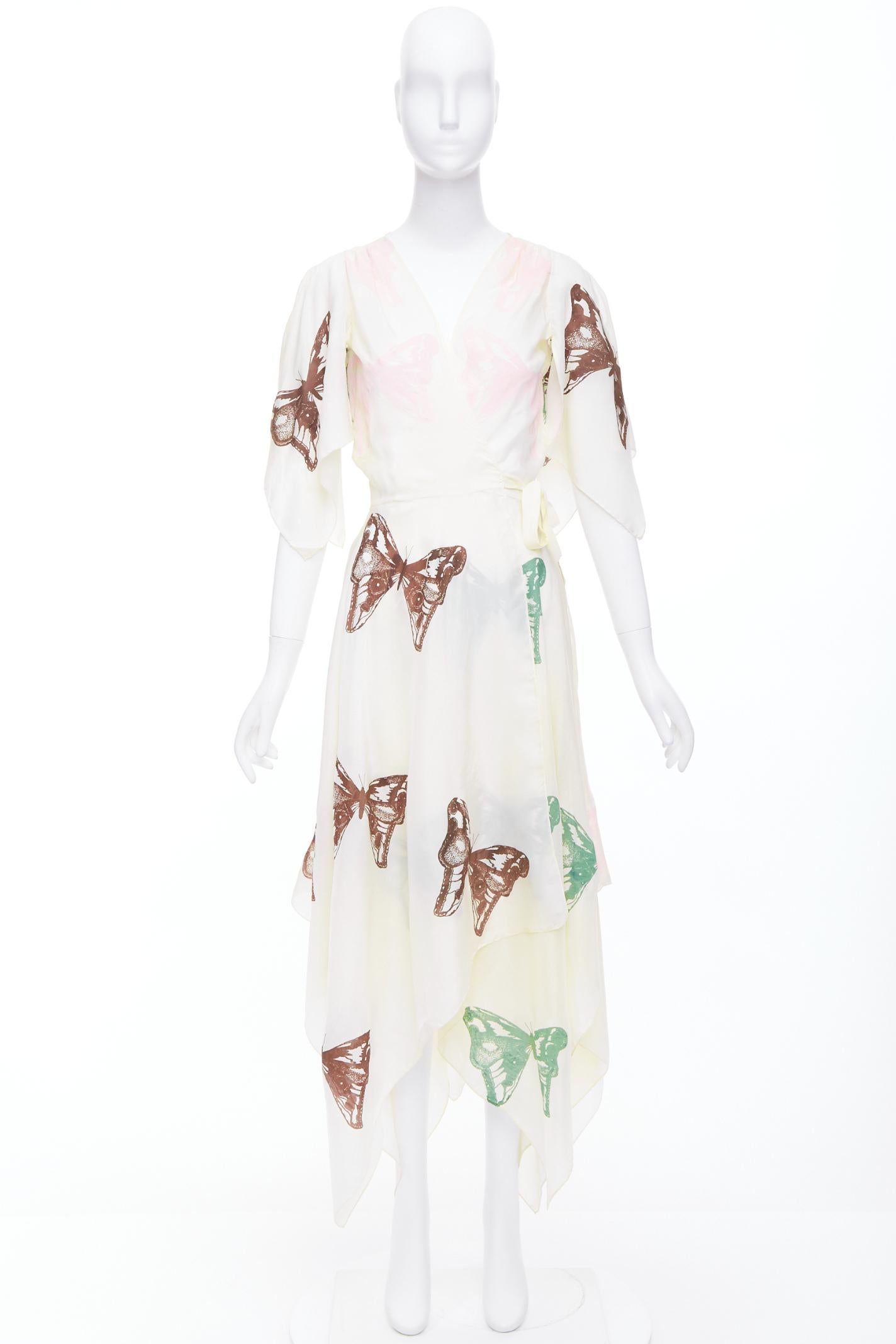 JESSE KAMM cream silk pink brown butterfly print flare wrap dress S For Sale 4