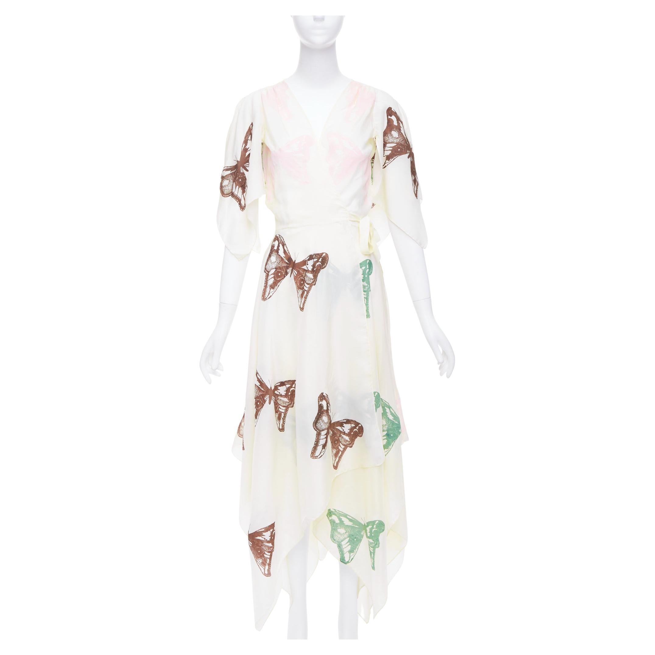 JESSE KAMM cream silk pink brown butterfly print flare wrap dress S For Sale