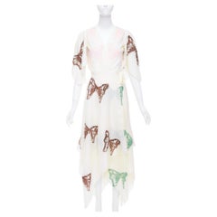 JESSE KAMM cream silk pink brown butterfly print flare wrap dress S