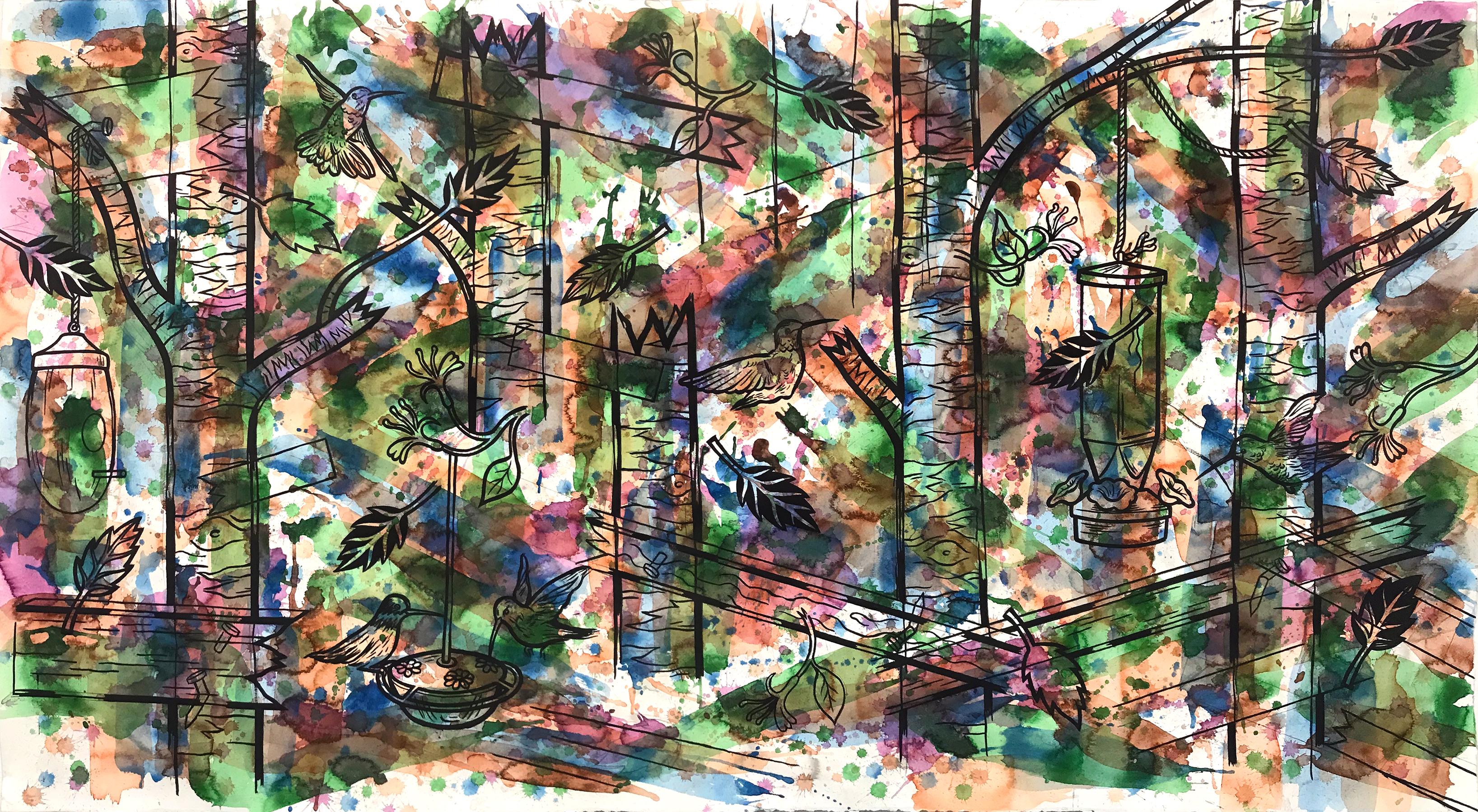 "Hummingbirds and Honeysuckle", peinture à l'encre et à l'aquarelle sur papier