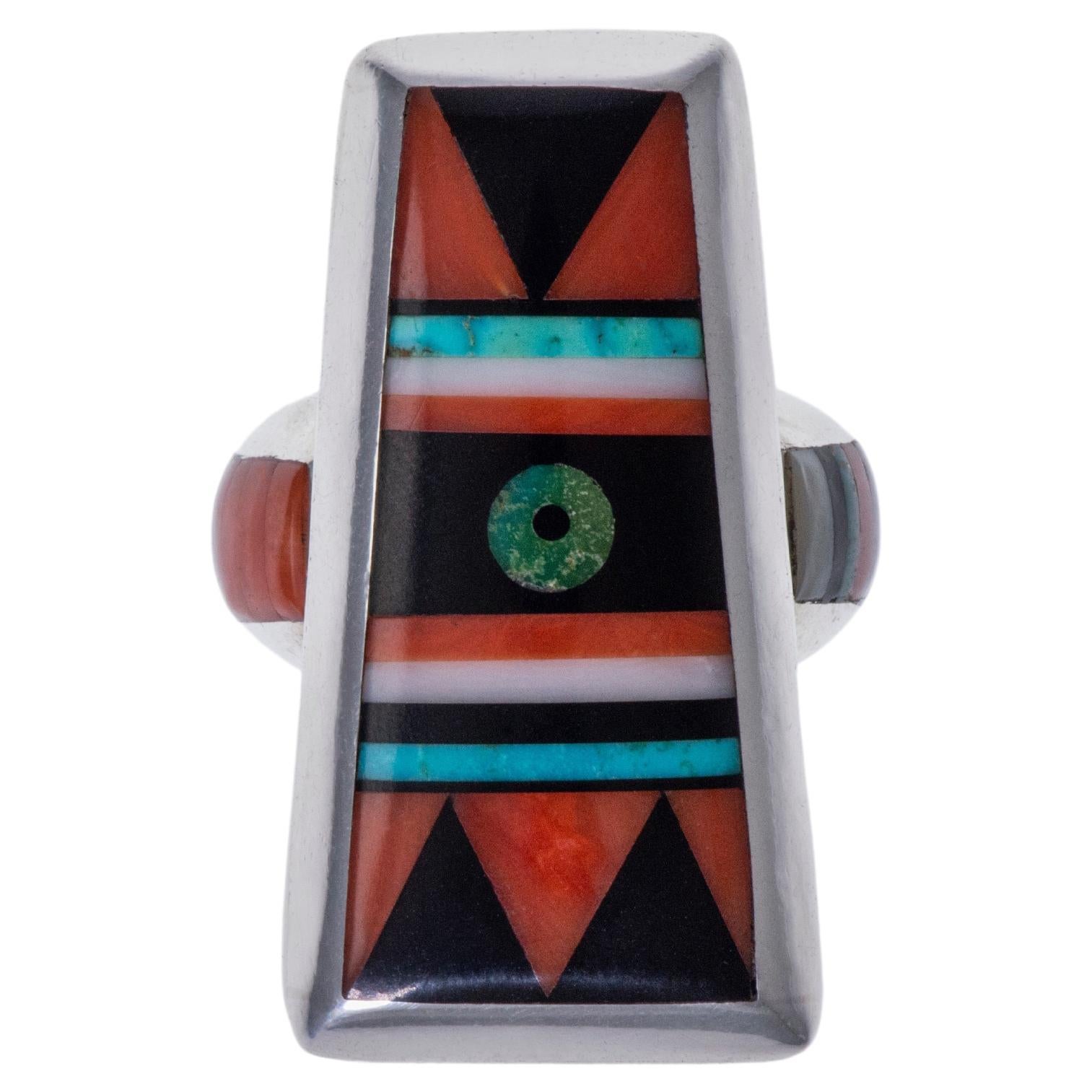 Jesse Monongya Coral Onyx and Turquoise Inlay Ring, Circa 1977 For Sale