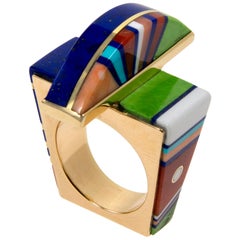 Jesse Monongya Gaspeite Lapis Opal Coral Turquoise Yellow Gold Ring, circa 2017