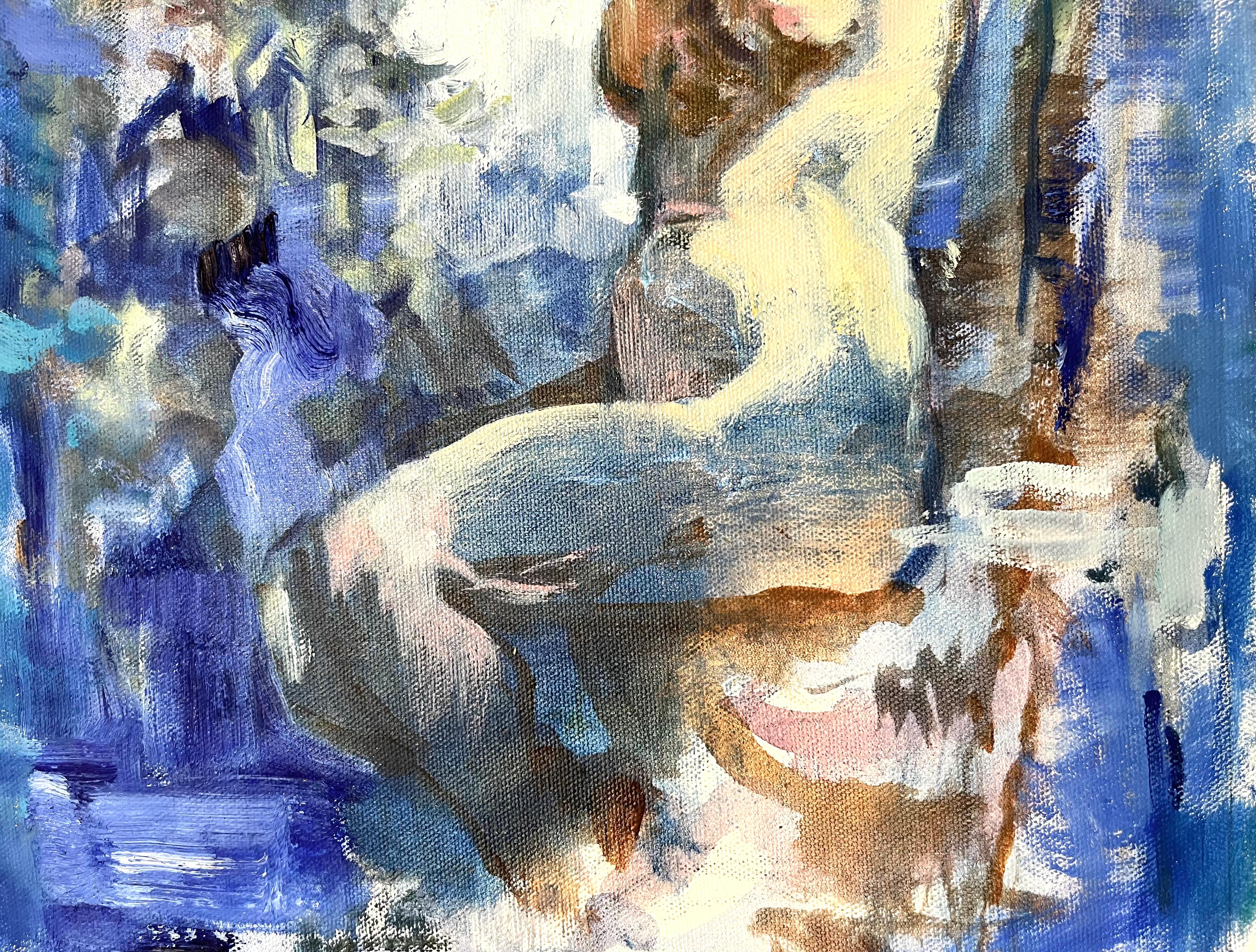 Abstract Oil on Canvas Modern Gestural Figurative Woman Nude blue - Abstract Impressionist Painting by Jessica Benjamin