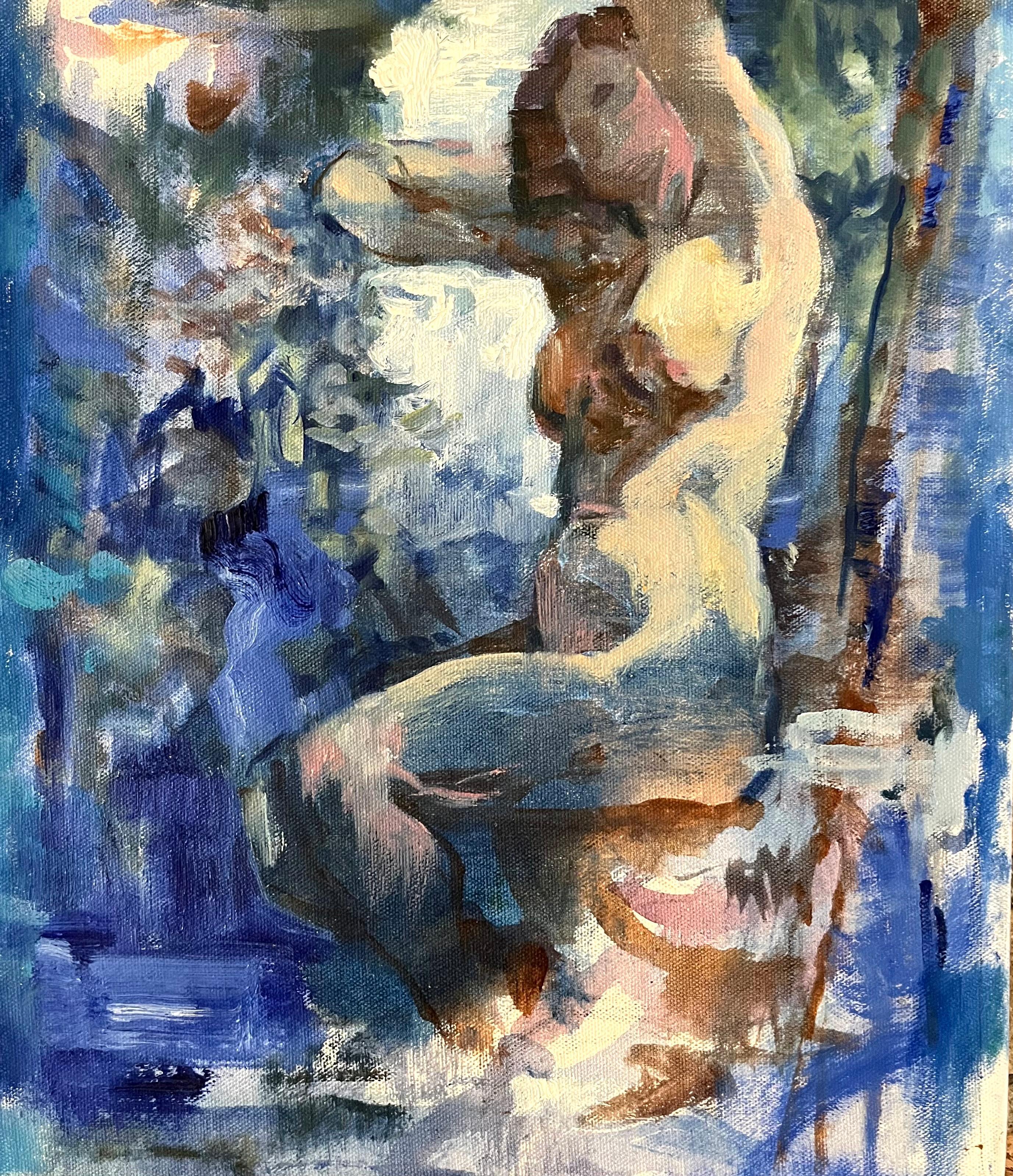 Huile abstraite sur toile - Figuratif gestuel moderne - Femme nue bleue