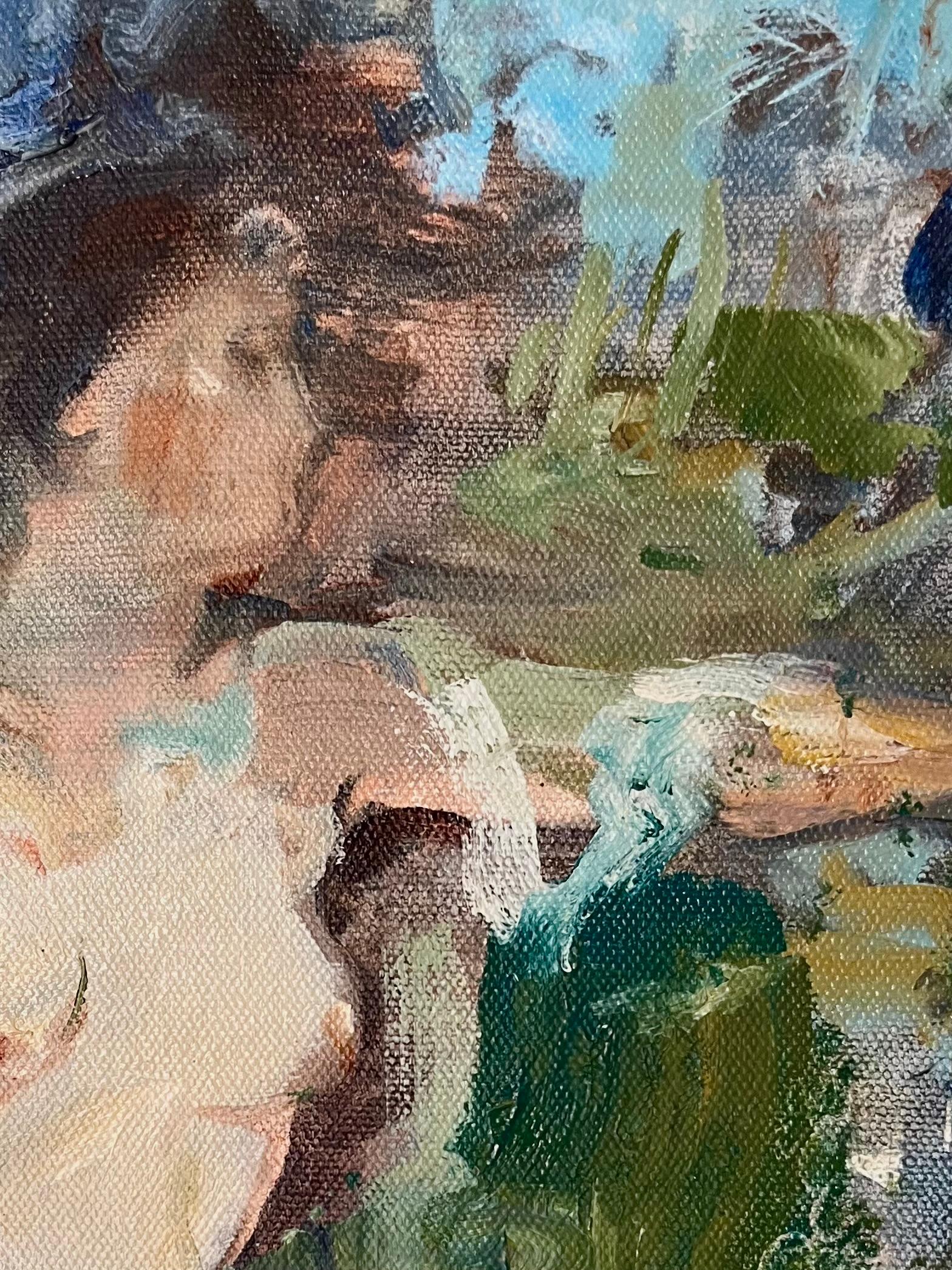 Moderner abstrakter weiblicher Akt, Öl auf Leinwand, gestisch, figurativ, mehrfarbig (Abstrakter Impressionismus), Painting, von Jessica Benjamin