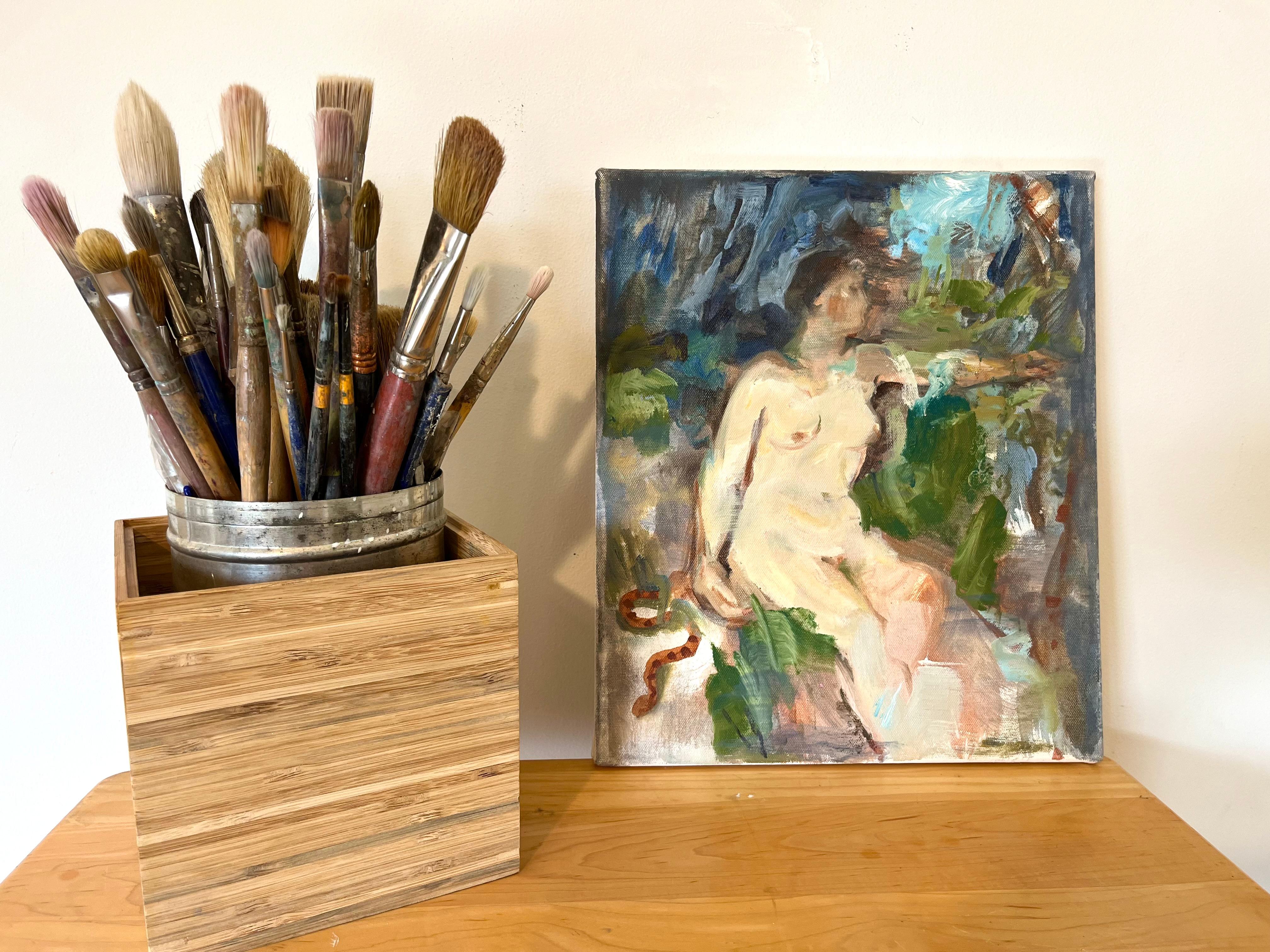 Moderner abstrakter weiblicher Akt, Öl auf Leinwand, gestisch, figurativ, mehrfarbig (Grau), Nude Painting, von Jessica Benjamin