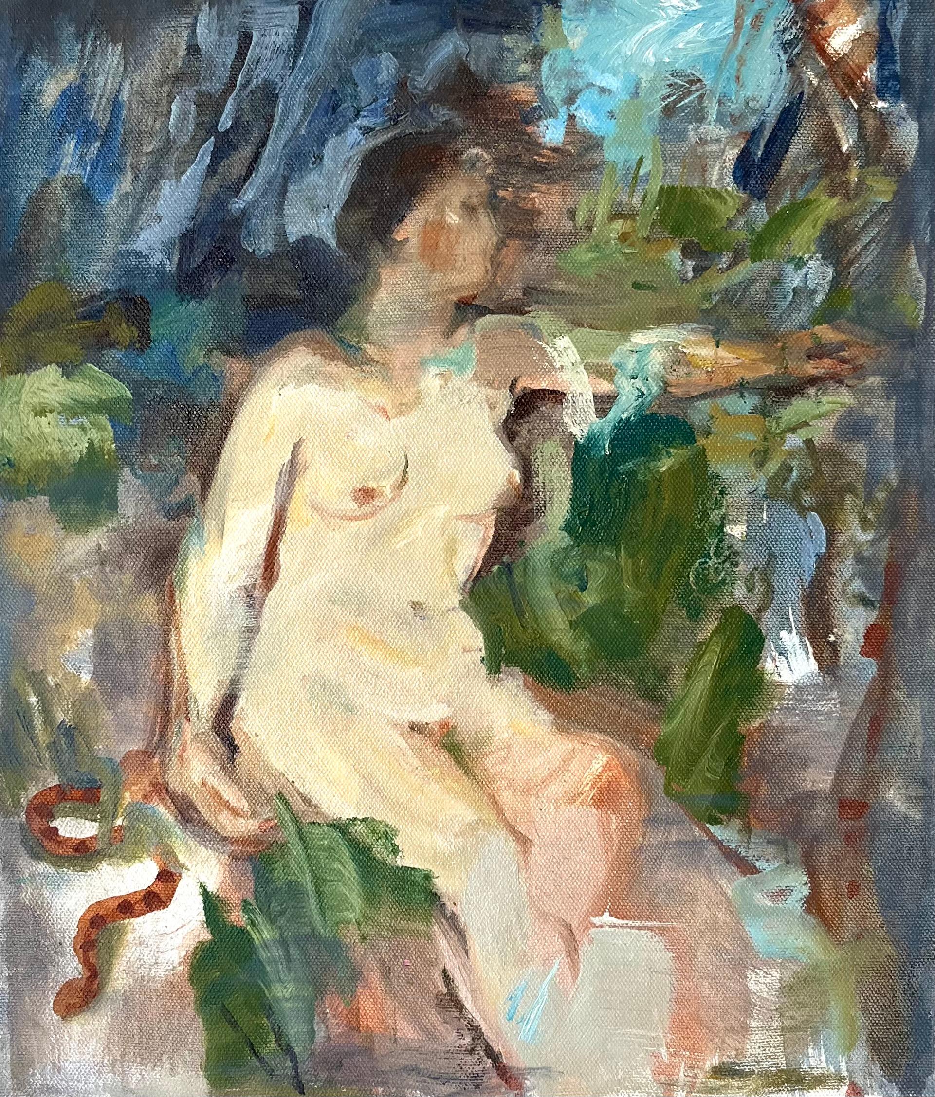 Jessica Benjamin Nude Painting – Moderner abstrakter weiblicher Akt, Öl auf Leinwand, gestisch, figurativ, mehrfarbig