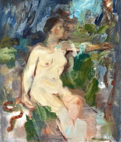 Huile sur toile abstraite moderne représentant une femme nue, figurative gestuelle multicolore