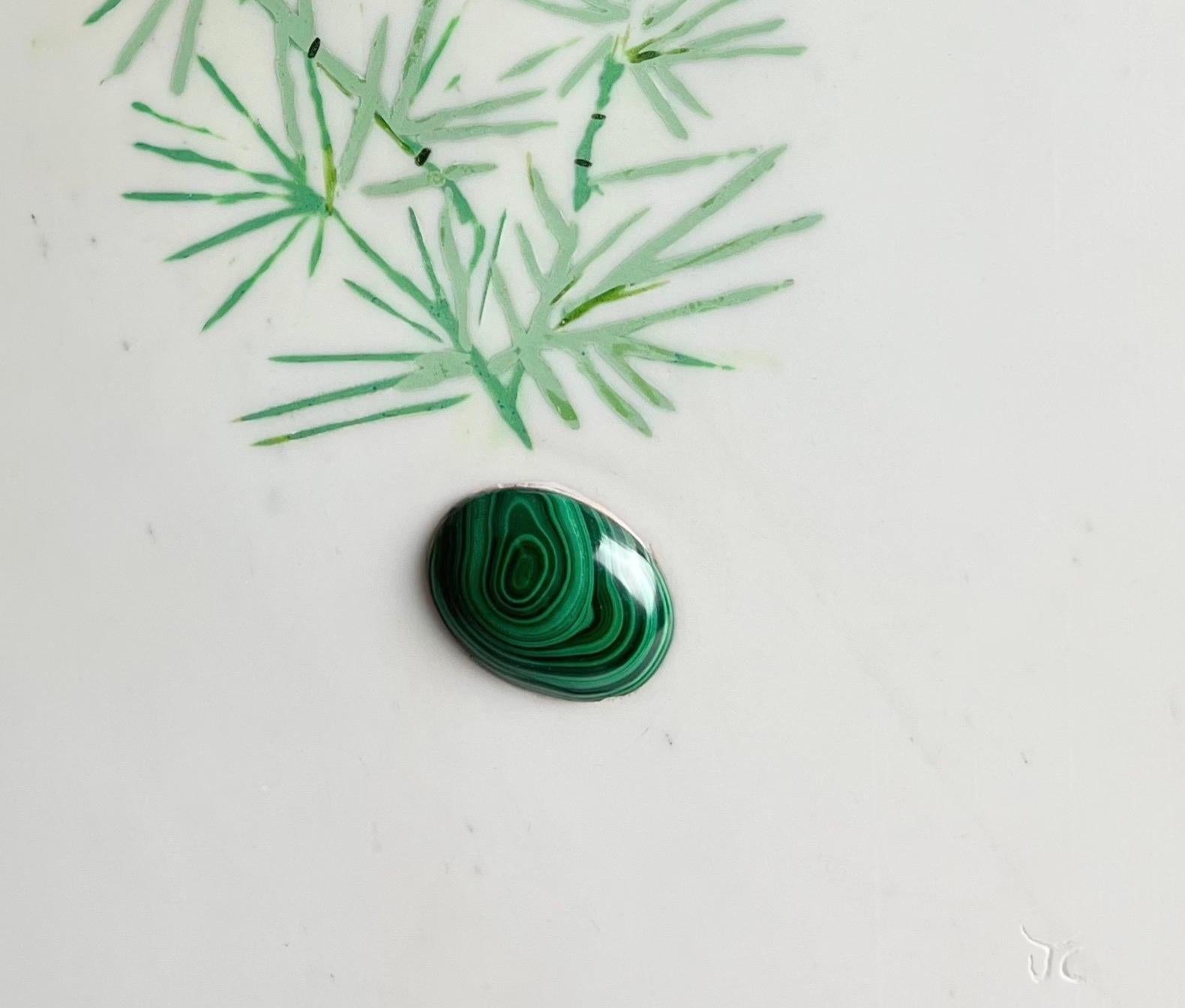 green malachite horsetail,  as-relief sculpturer on white marble, also to hang - Sculpture by Jessica Carroll