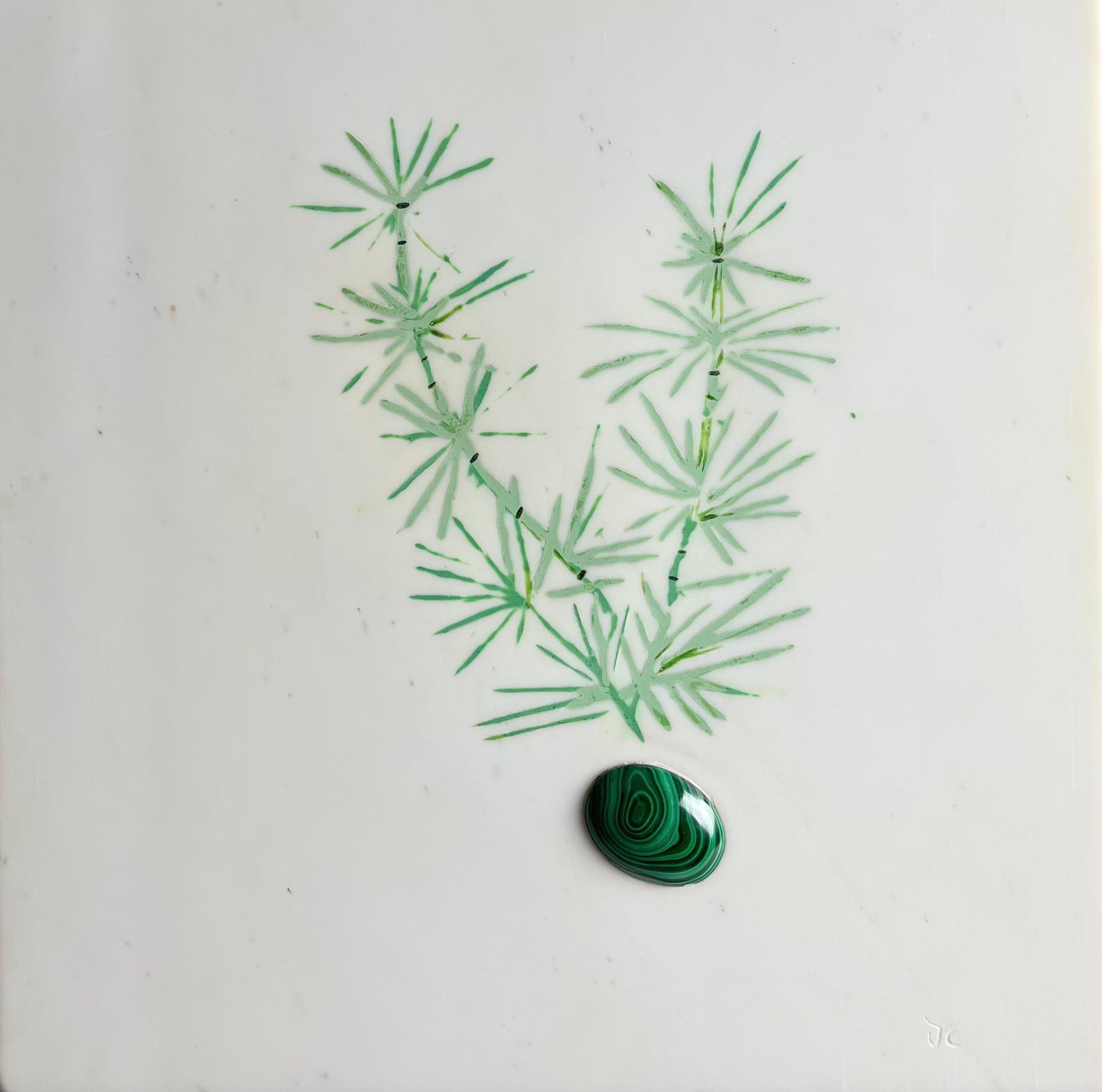 Jessica Carroll Figurative Sculpture - green malachite horsetail,  as-relief sculpturer on white marble, also to hang