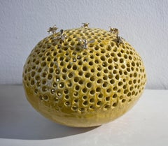 honey yellow ceramic bee hive - bronze bees - contemporary sculpture indoor