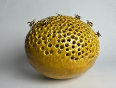 honey yellow ceramic bee hive - bronze bees - contemporary sculpture indoor
