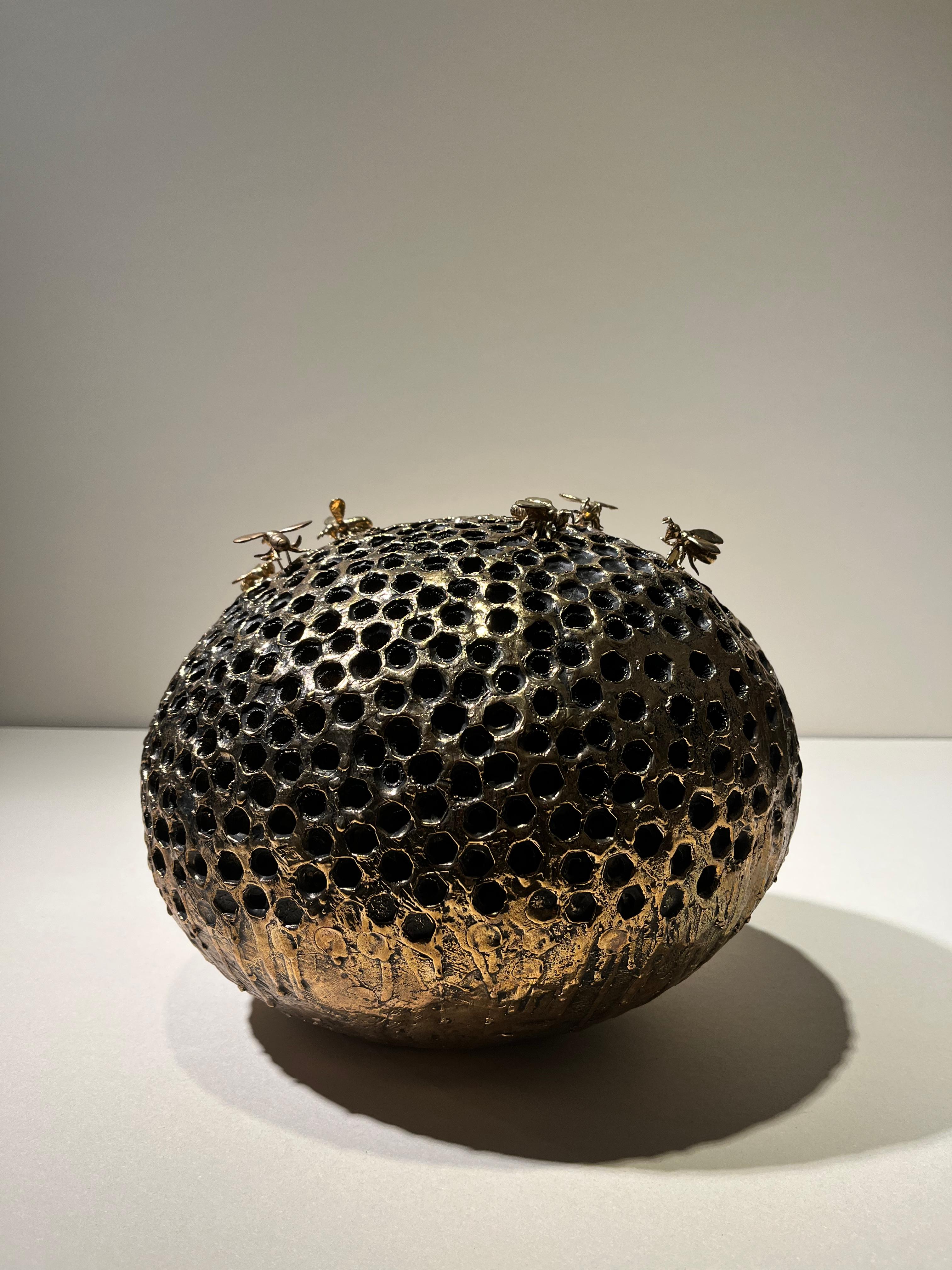 Jessica Carroll Figurative Sculpture - Bronze naturalistic bee hive indoor sculpture  