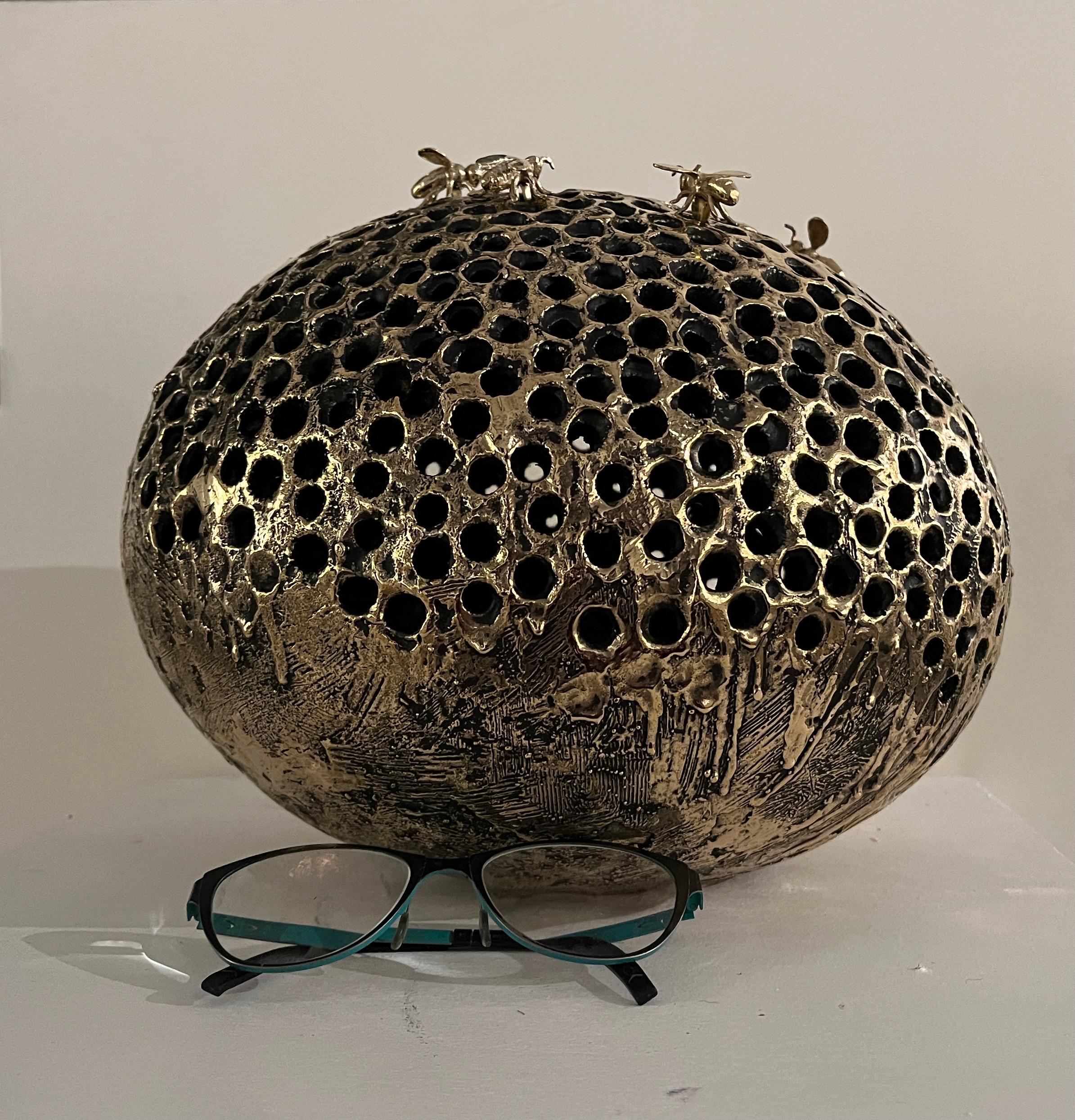 Bronze naturalistic bee hive indoor sculpture   - Naturalistic Sculpture by Jessica Carroll
