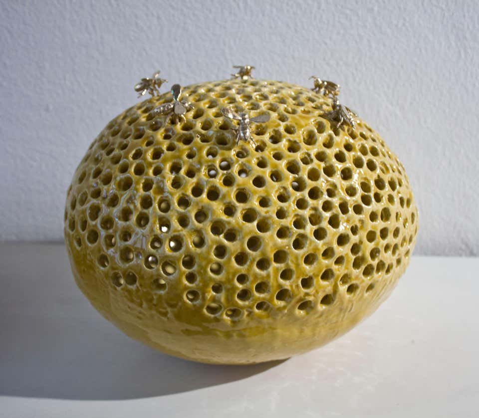 Round Dance Honey Ceramic Bee Hive Sculpture Adorned With Six Golden round-dance-honey-ceramic-bee-hive-sculpture-adorned-with-six-golden
