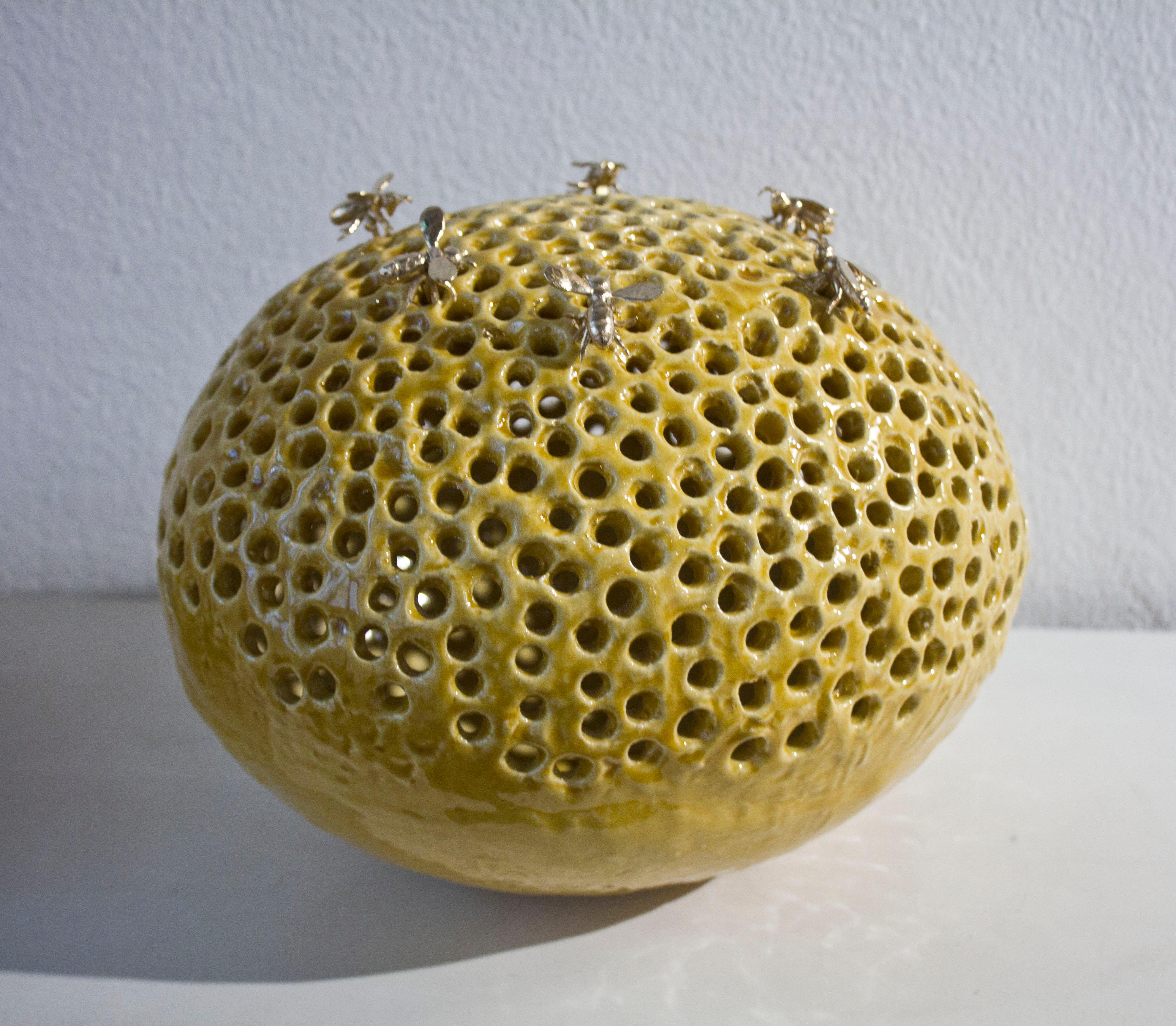Jessica Carroll Figurative Sculpture - centerpiece table or bookcase, yellow ceramic bee hive contemporary sculpture