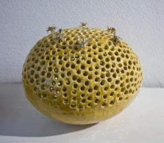 honey yellow ceramic bee hive - bronze bees - contemporary sculpture indoor