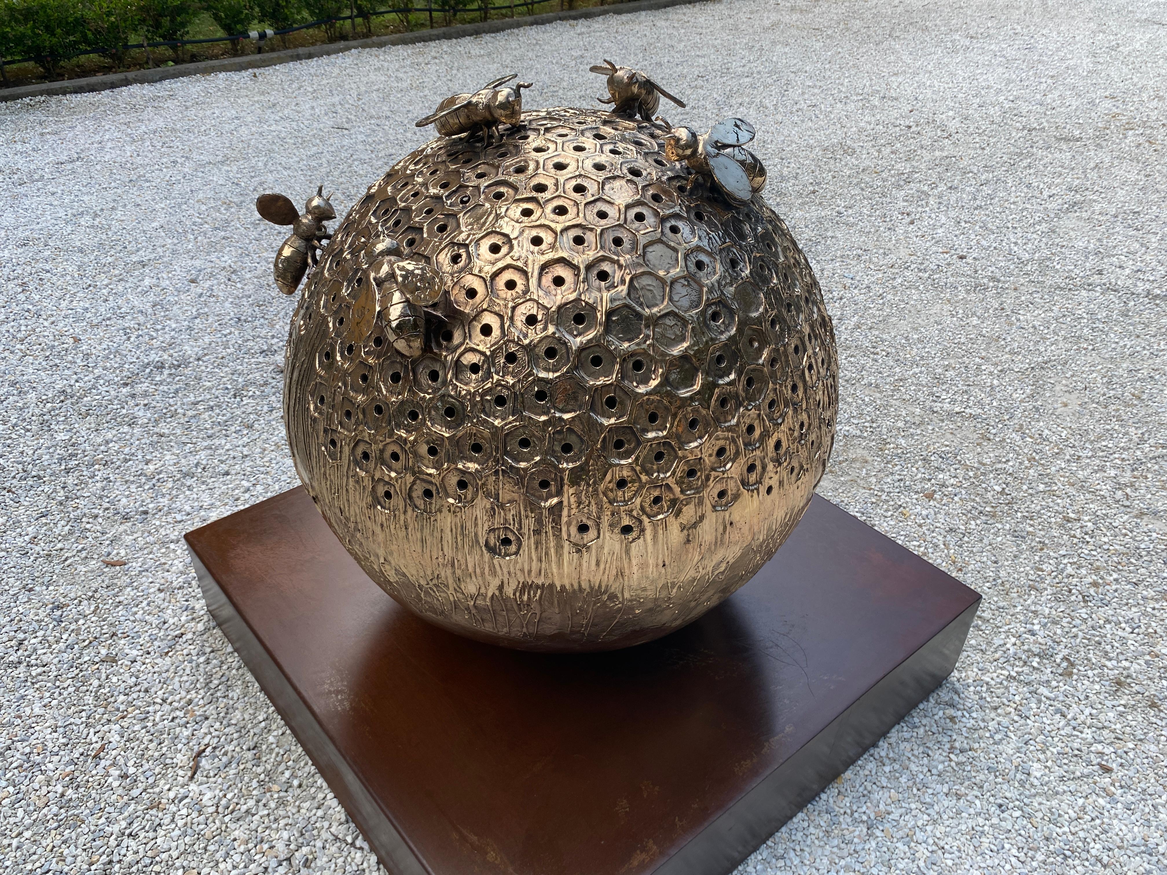 Sphere Bronze Bee Hive - outdoor sculpture by American Italian artist  - Realist Sculpture by Jessica Carroll