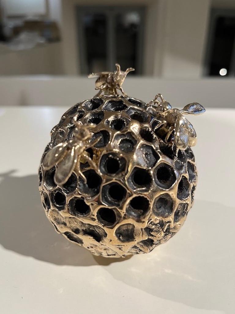 Tiny bronze bee-hive sculpture with three moveable bronze bees - Naturalistic Sculpture by Jessica Carroll