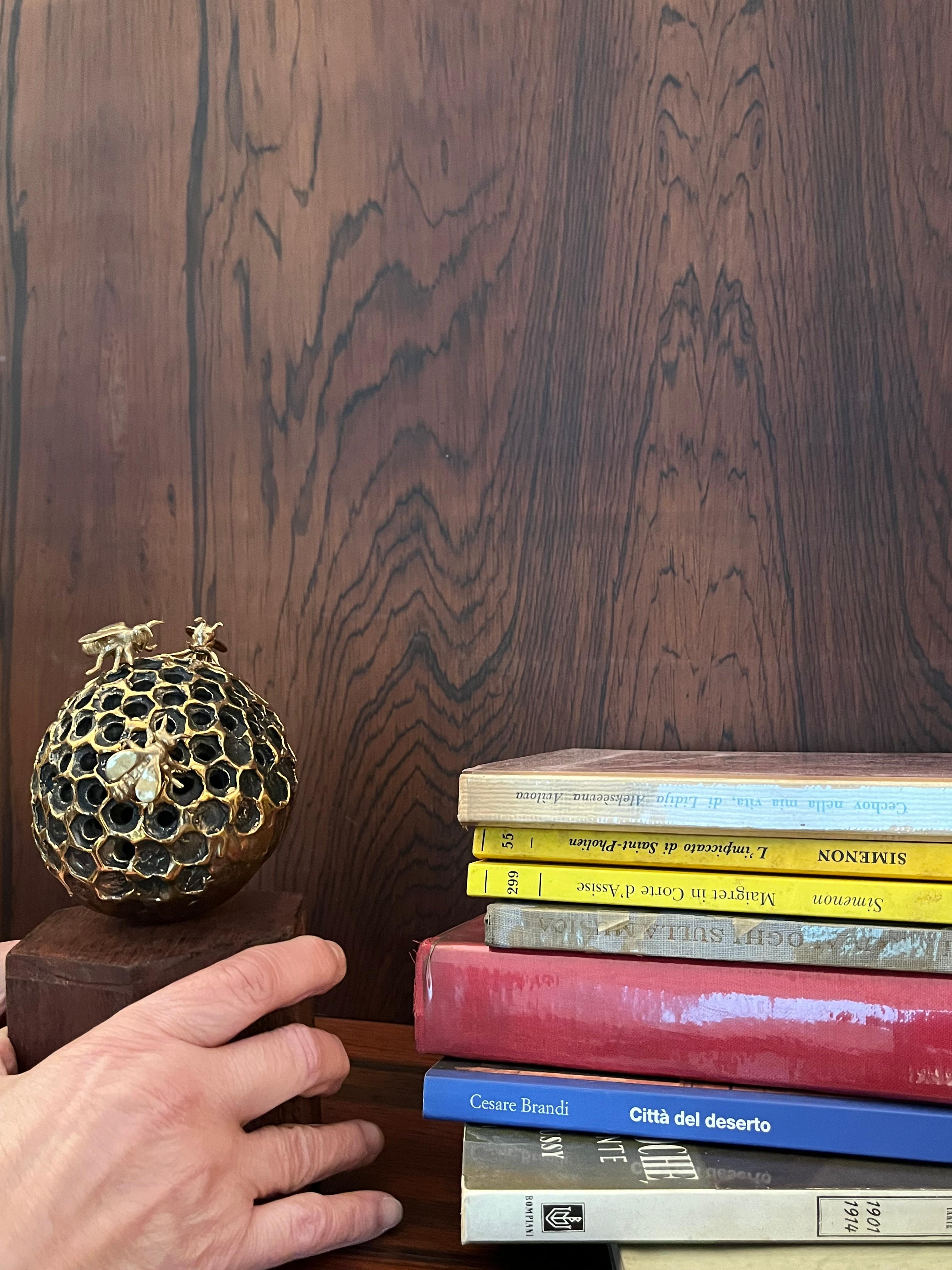 Tiny bronze bee-hive sculpture with three moveable bronze bees - Gold Abstract Sculpture by Jessica Carroll