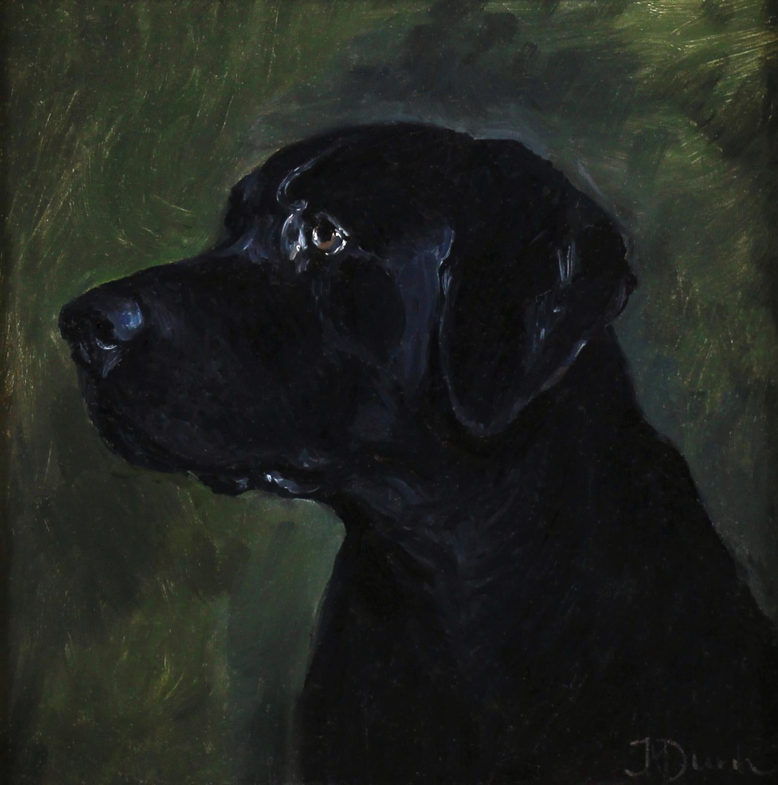 pittura ad olio su cartone ritratto di un cane da caccia Labrador nero - Painting di Jessica Dunn