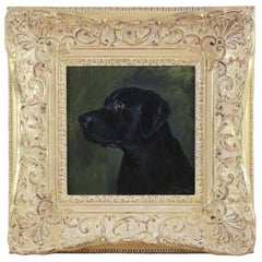 oil painting on cardboard portrait of a black Labrador hunting dog