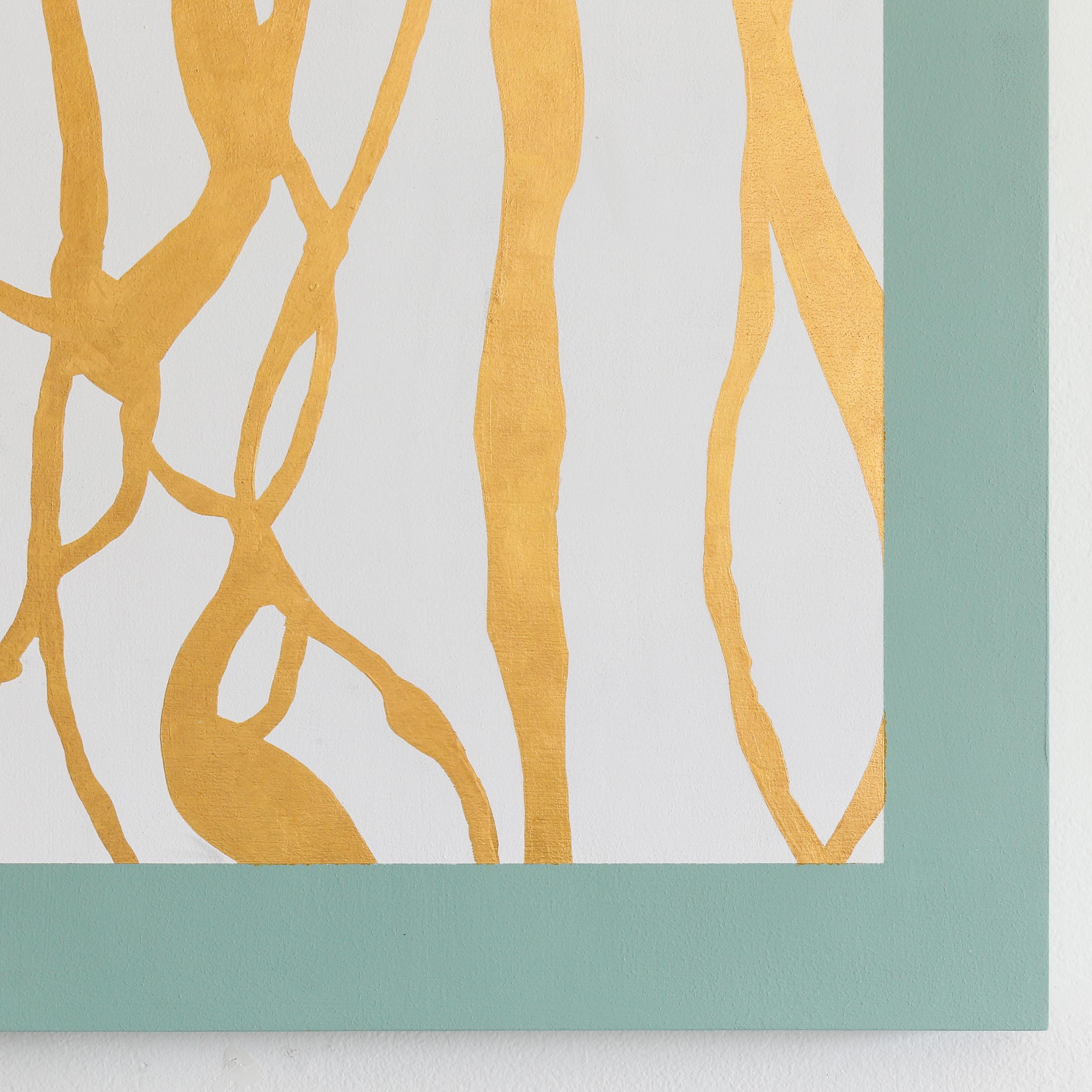 JESSICA FELDHEIM
Cette œuvre d'art moderne minimaliste utilise la feuille d'or, le blanc et des tons verts doux. 
Bleu Covington avec feuille d'or pur 24k 
Technique mixte sur panneau
30.00w x 30.00h x 1.50d in
$3,800.00