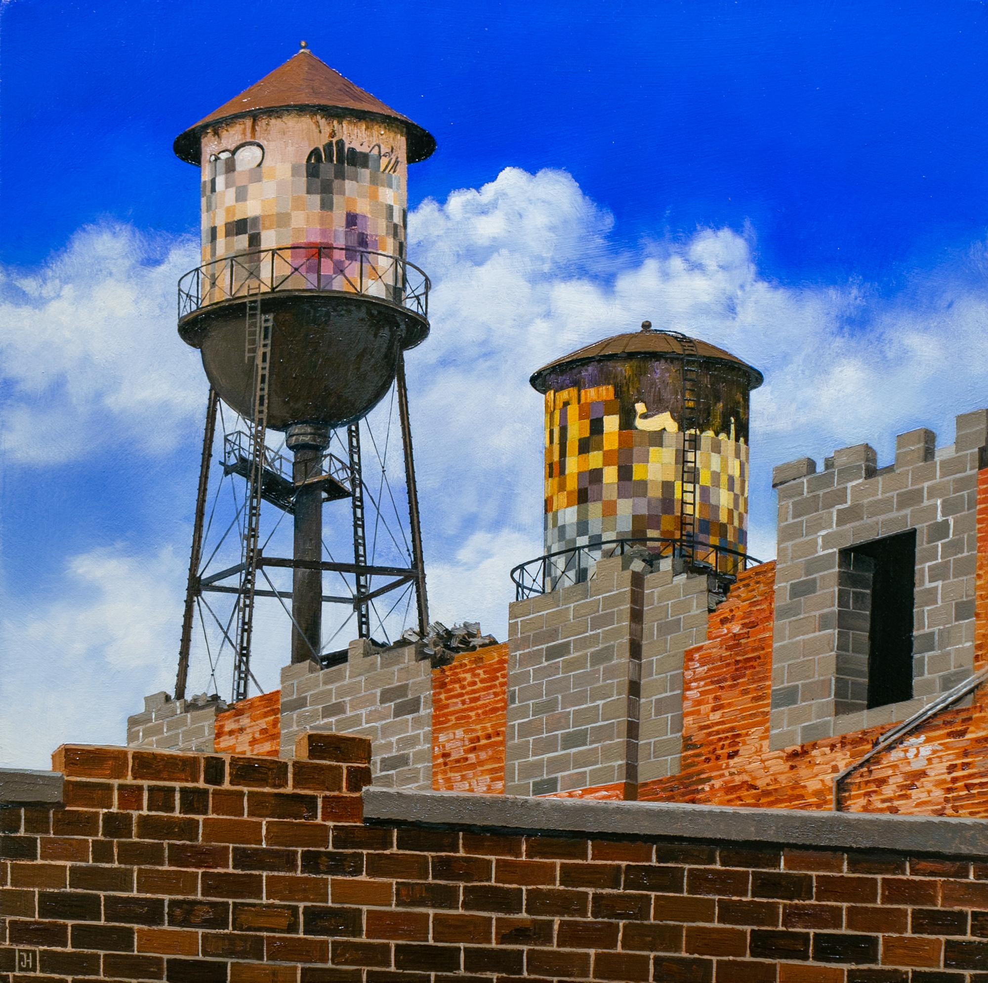 "Detroit Pixels I", Acrylic and Oil Painting, Figurative, Cityscape, Graffiti