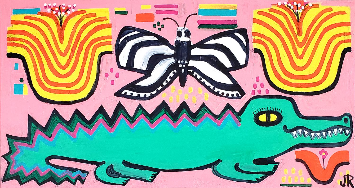 Animal Painting de Jessica JH Roller - Aligátor y mariposa, Pintura original