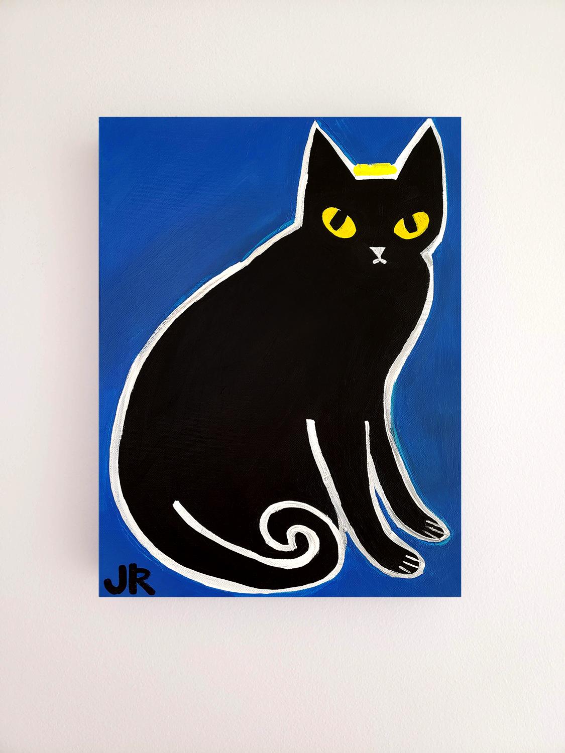 Chat noir sur cyan, peinture originale - Outsider Art Painting par Jessica JH Roller