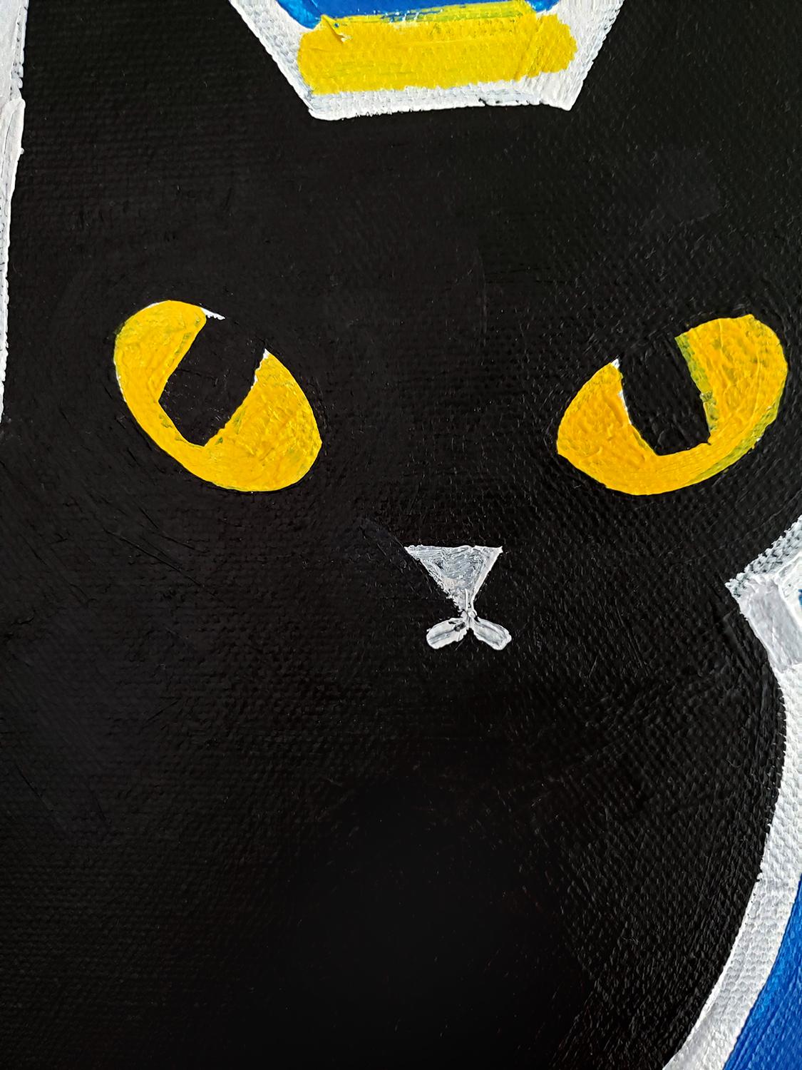 Chat noir sur cyan, peinture originale - Noir Animal Painting par Jessica JH Roller