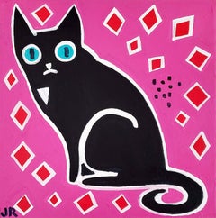 Black Cat on Magenta and Red, Original Painting