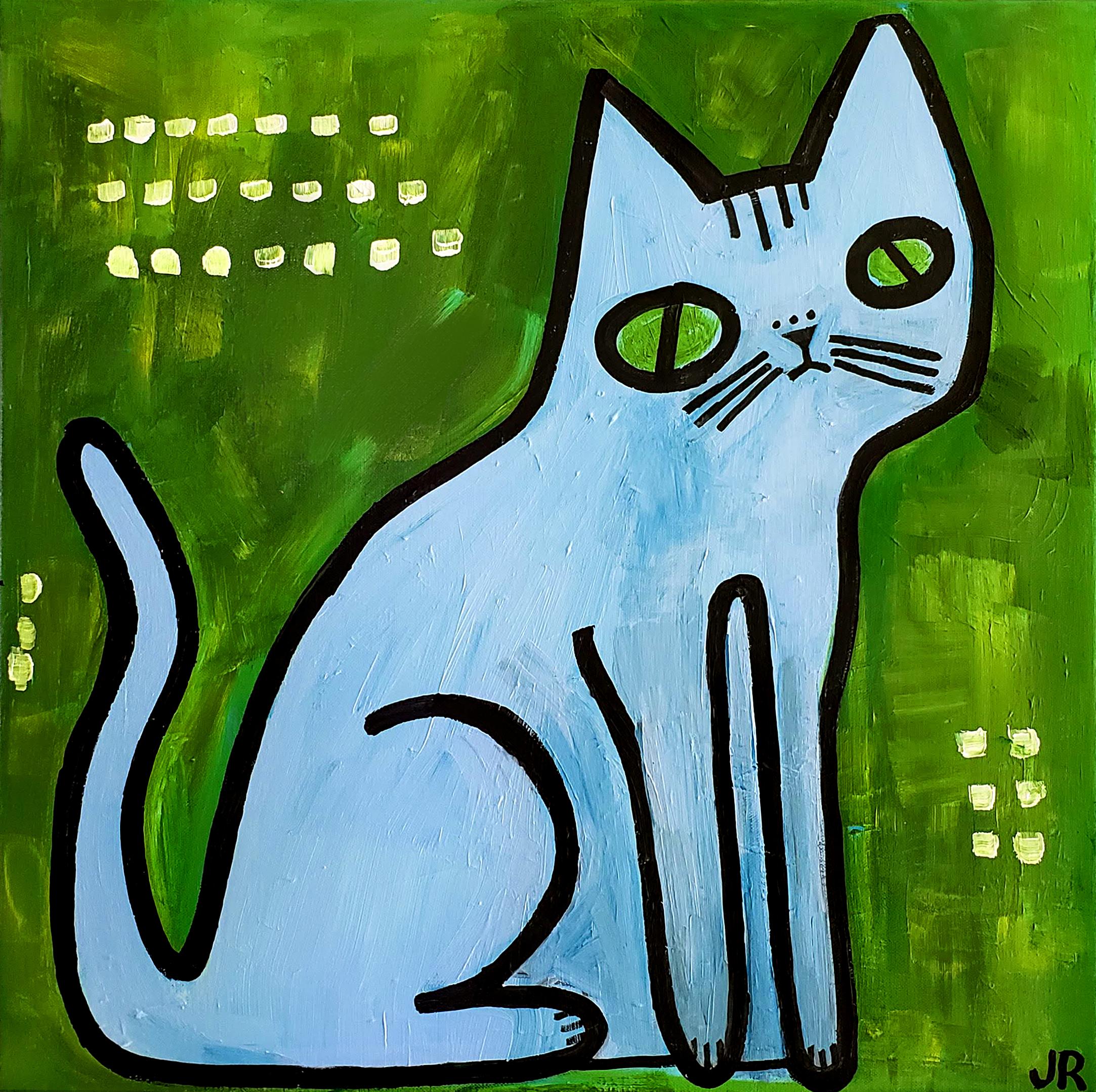 Blue Cat on Green, Original Painting - Art by Jessica JH Roller