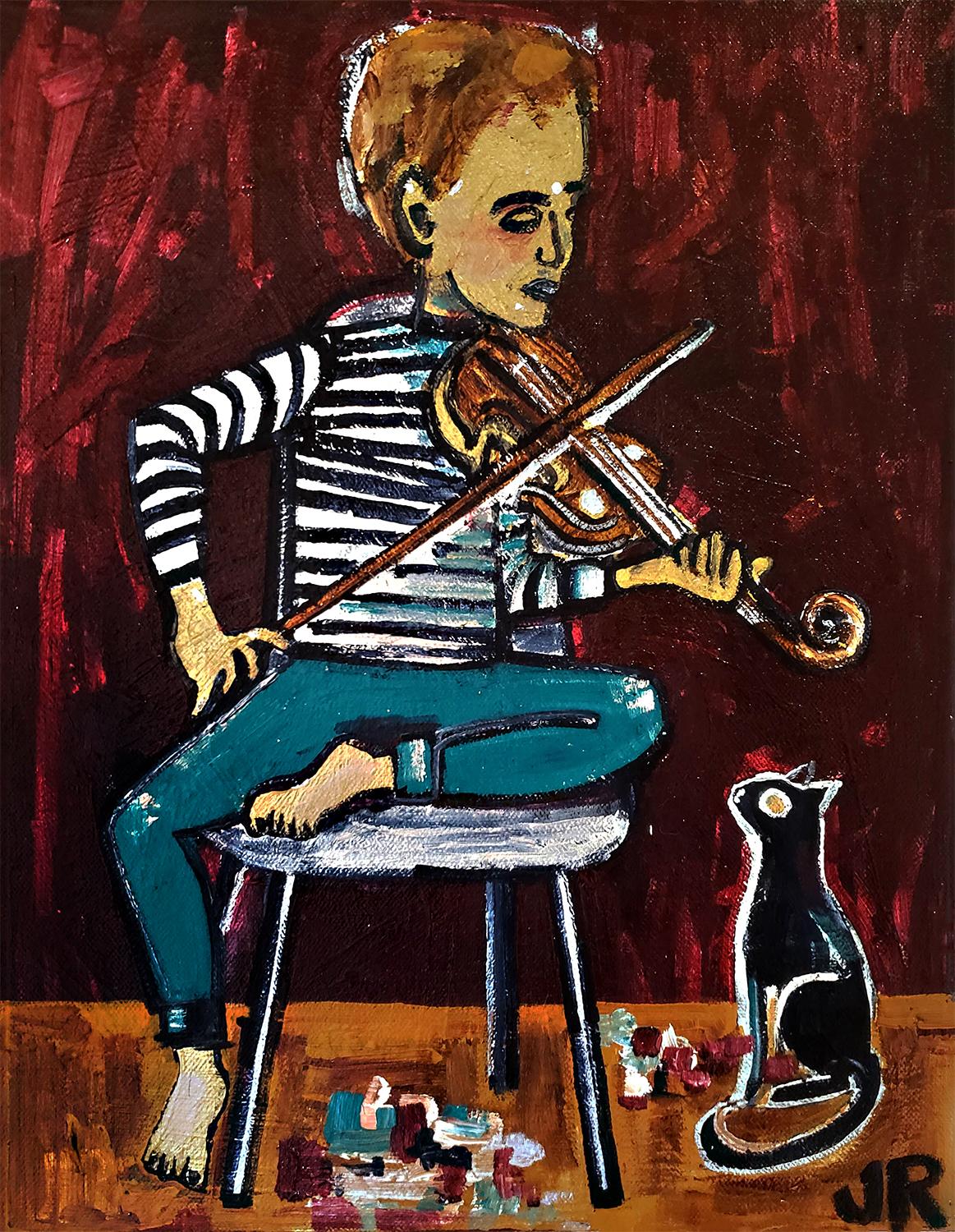 Jessica JH Roller Figurative Painting - Boy Playing Violin, Original Painting