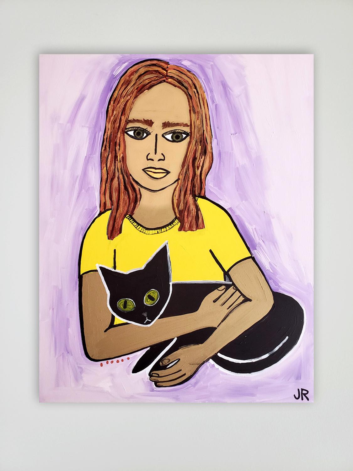woman with black cat painting