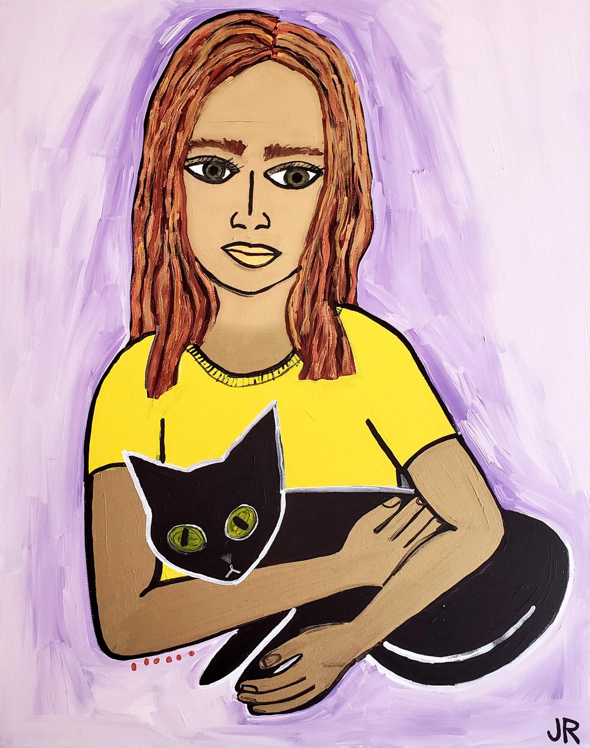 Jessica JH Roller Animal Painting - Bronze Girl with Black Cat, Original Painting