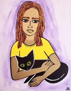 Bronze Girl with Black Cat, Original Painting