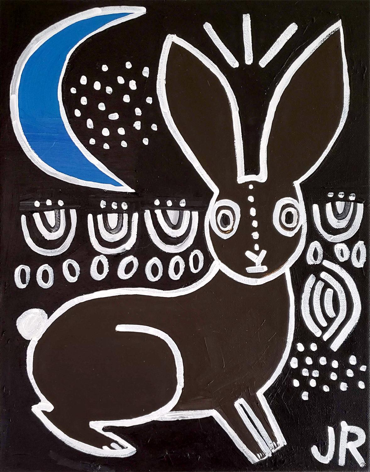 Brown Bunny Under a Cyan Moon, Original Painting
