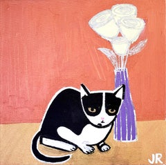 Cat with Flowers, Original Painting
