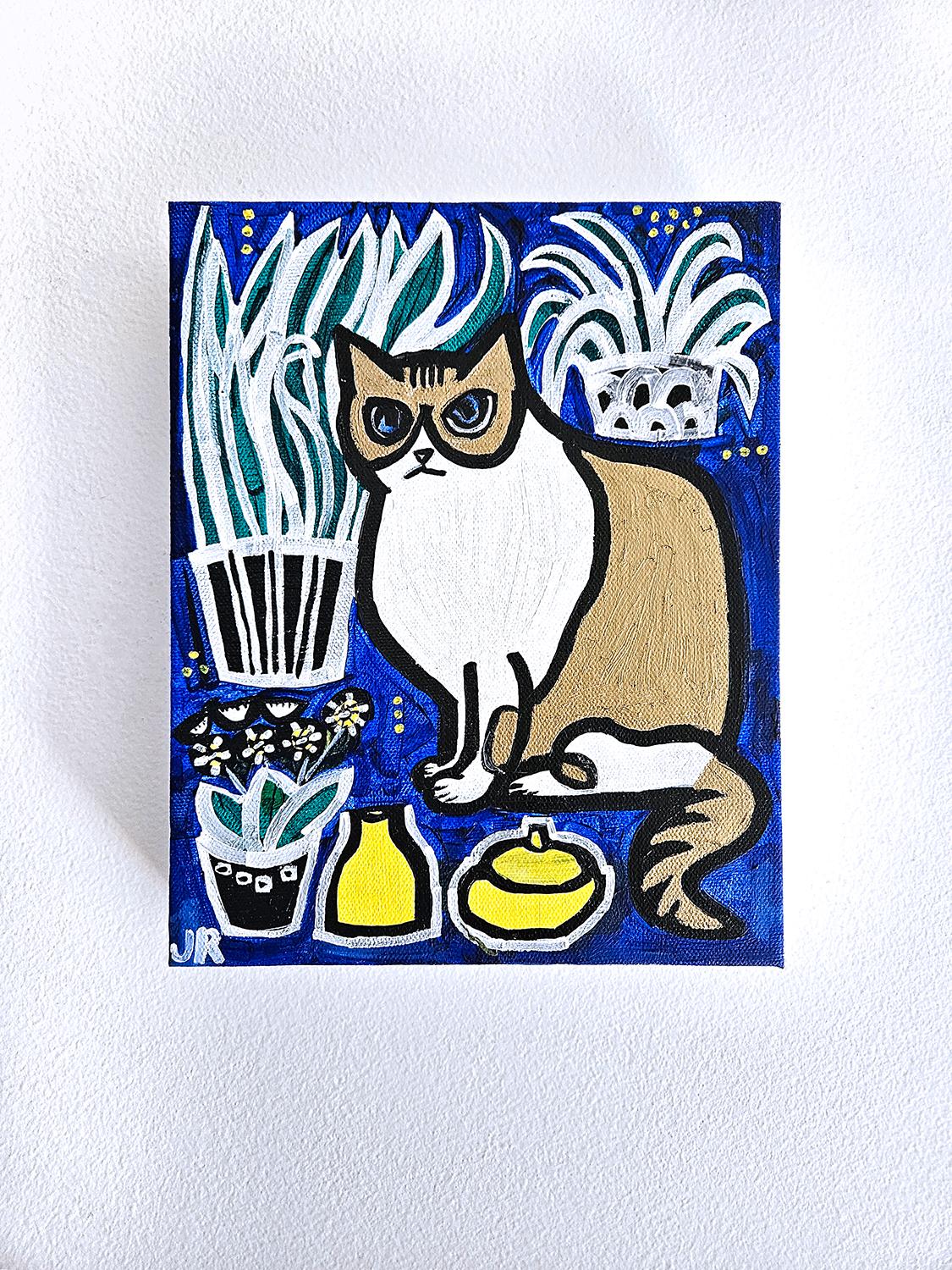 <p>Artist Comments<br />A poised cat with striking blue eyes sits amid an array of houseplants and dining wares. Pops of yellow contrast vibrantly against the background. The bold lines add a playful style to the composition.</p><br /><p>About the