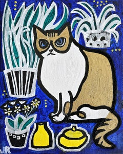 Gatto con piante da appartamento, dipinto originale