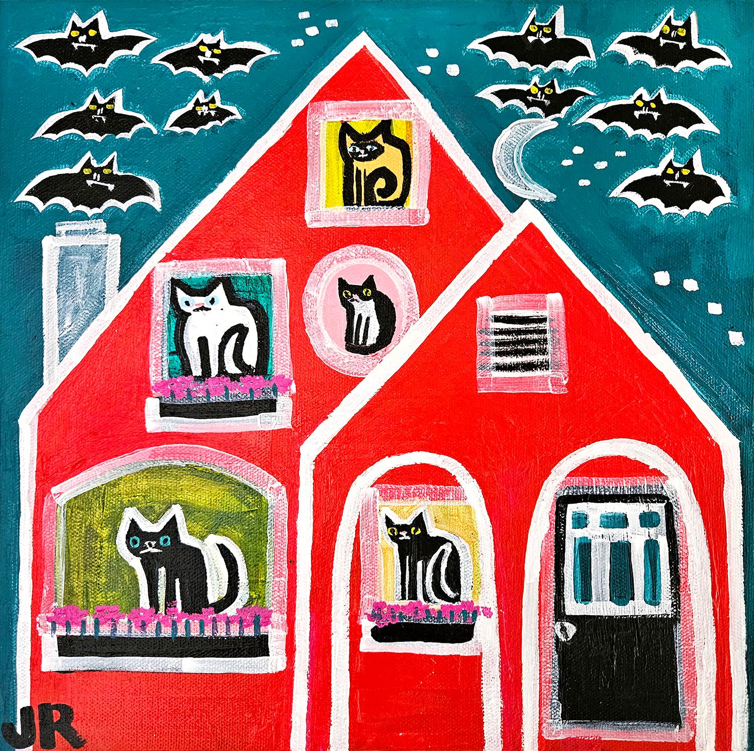 Katzen und Fledermäuse, Originalgemälde – Art von Jessica JH Roller