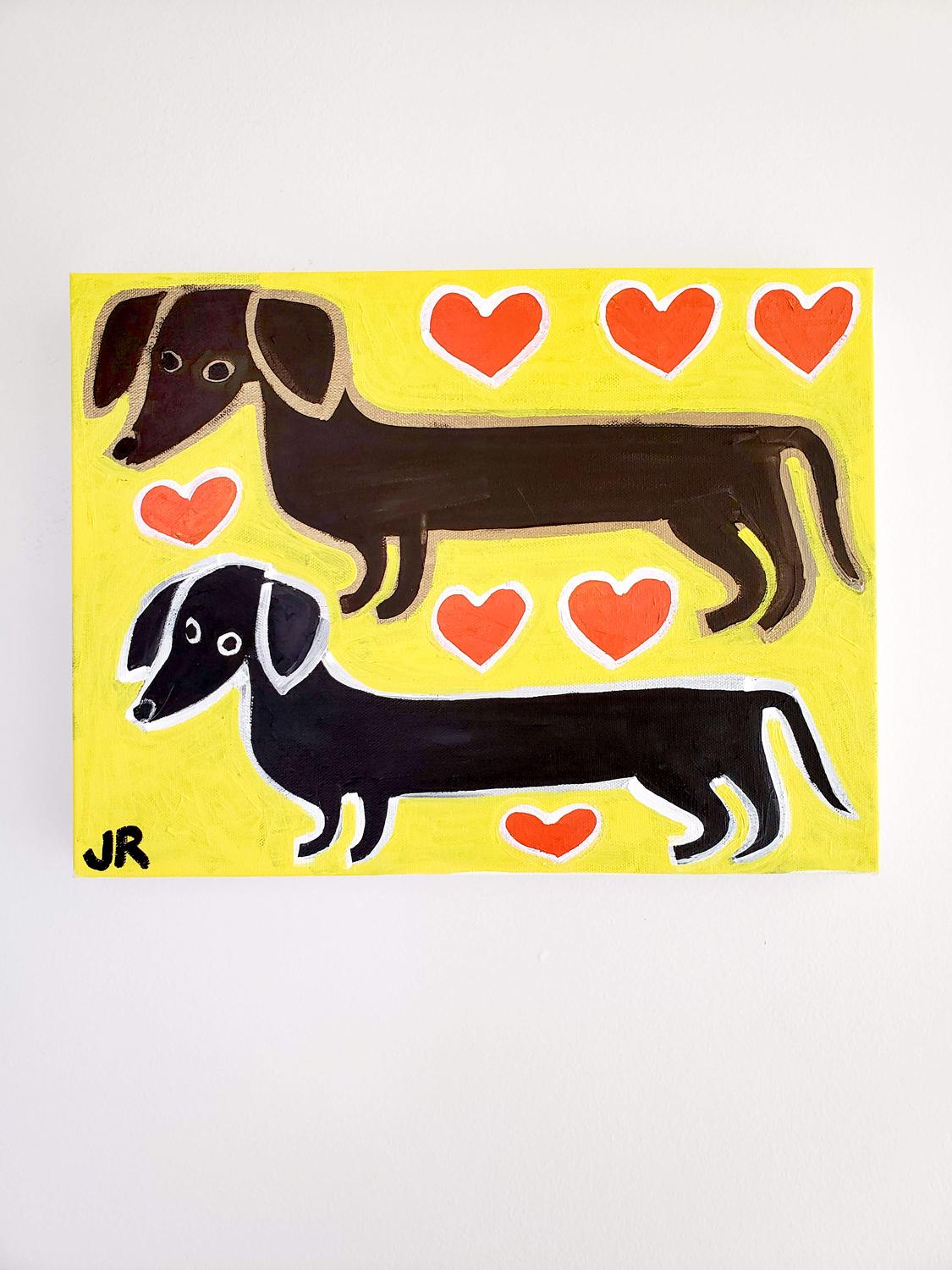 <p>Commentaires de l'artiste<br>L'artiste Jessica JH Roller peint le portrait d'un charmant couple de chiens au corps long. Elle s'inspire des jolis daschunds de compagnie de son amie. Le style ludique du primitivisme de Jessica rend les chiens avec
