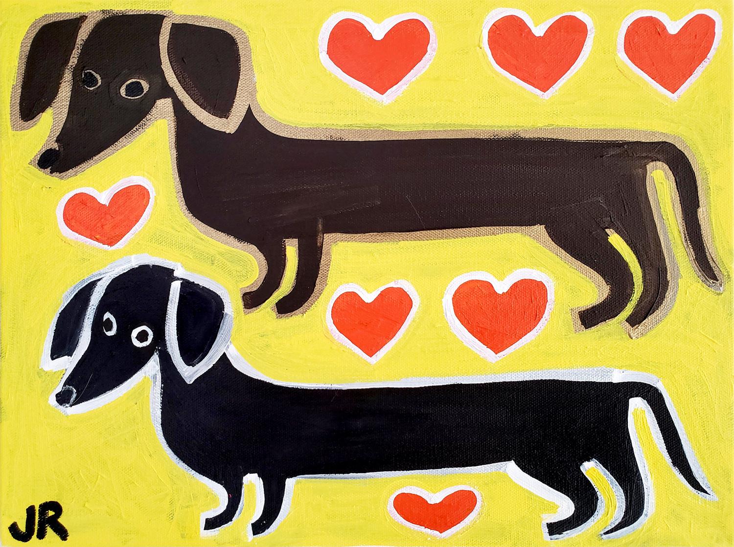 Dachshunds and Hearts, peinture d'origine - Art de Jessica JH Roller